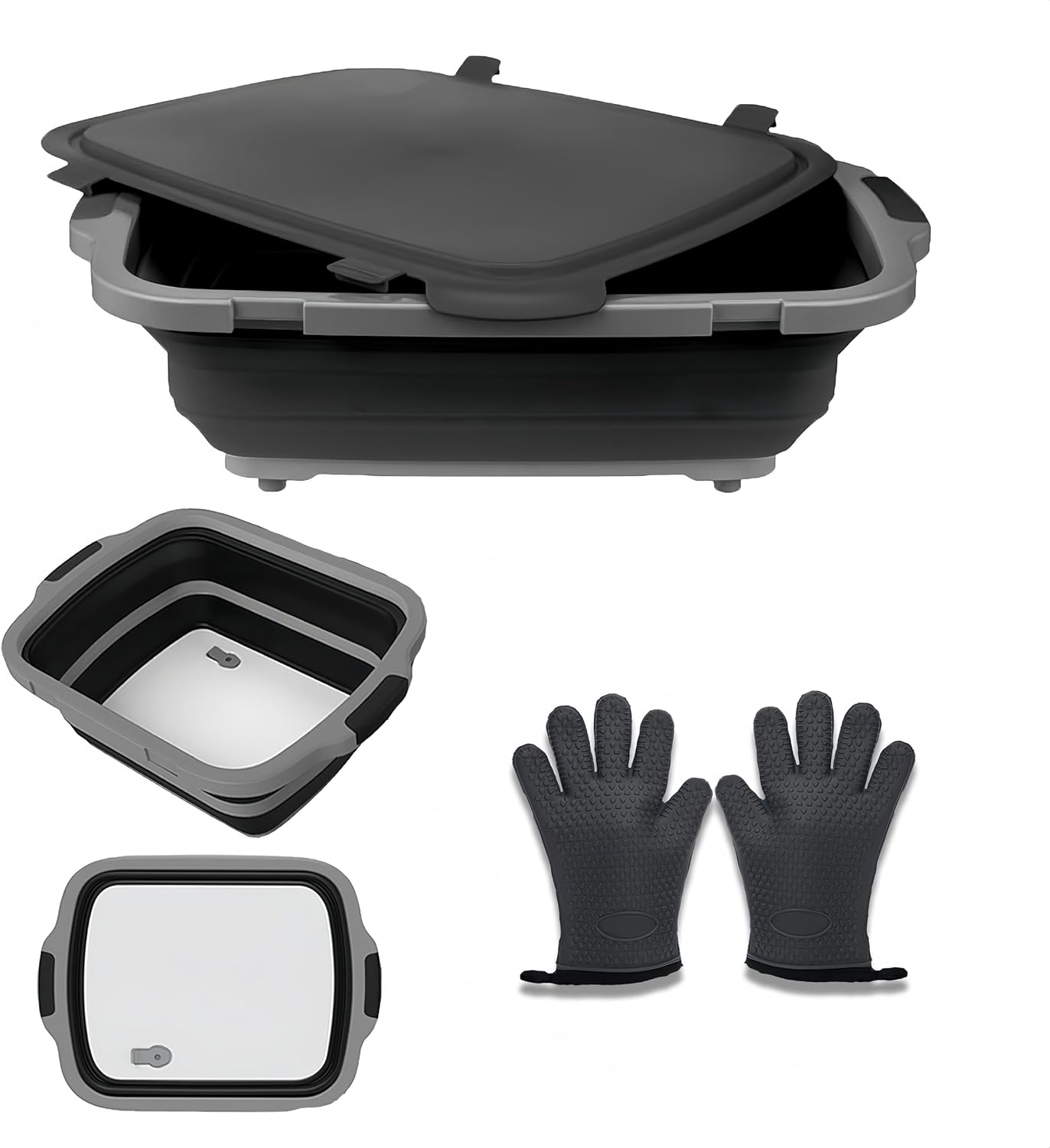 HZHOUCozy Collapsible BBQ Prep Tub with Locking Clips and Oven Gloves, Large Marinating Container Food Storage with Build in Cutting Board, Portable Camping Sink for Grilling/Picnic(Black)-16L