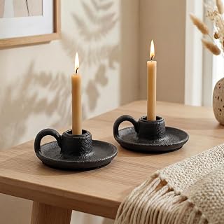 Set of 2 Farmhouse Ceramic Candle Holders Black Vintage Taper Candlesticks | Taper Candle Plate with Handle Home Decor Centerpieces for Tables Rustic Wedding Housewarming Dining Table Accent