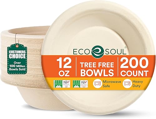 ECO SOUL Tazones de sopa 100% compostables de 12 onzas 4 paquetes de 100 Tazones de postre desechables I Tazón de papel resistente I Ensaladera