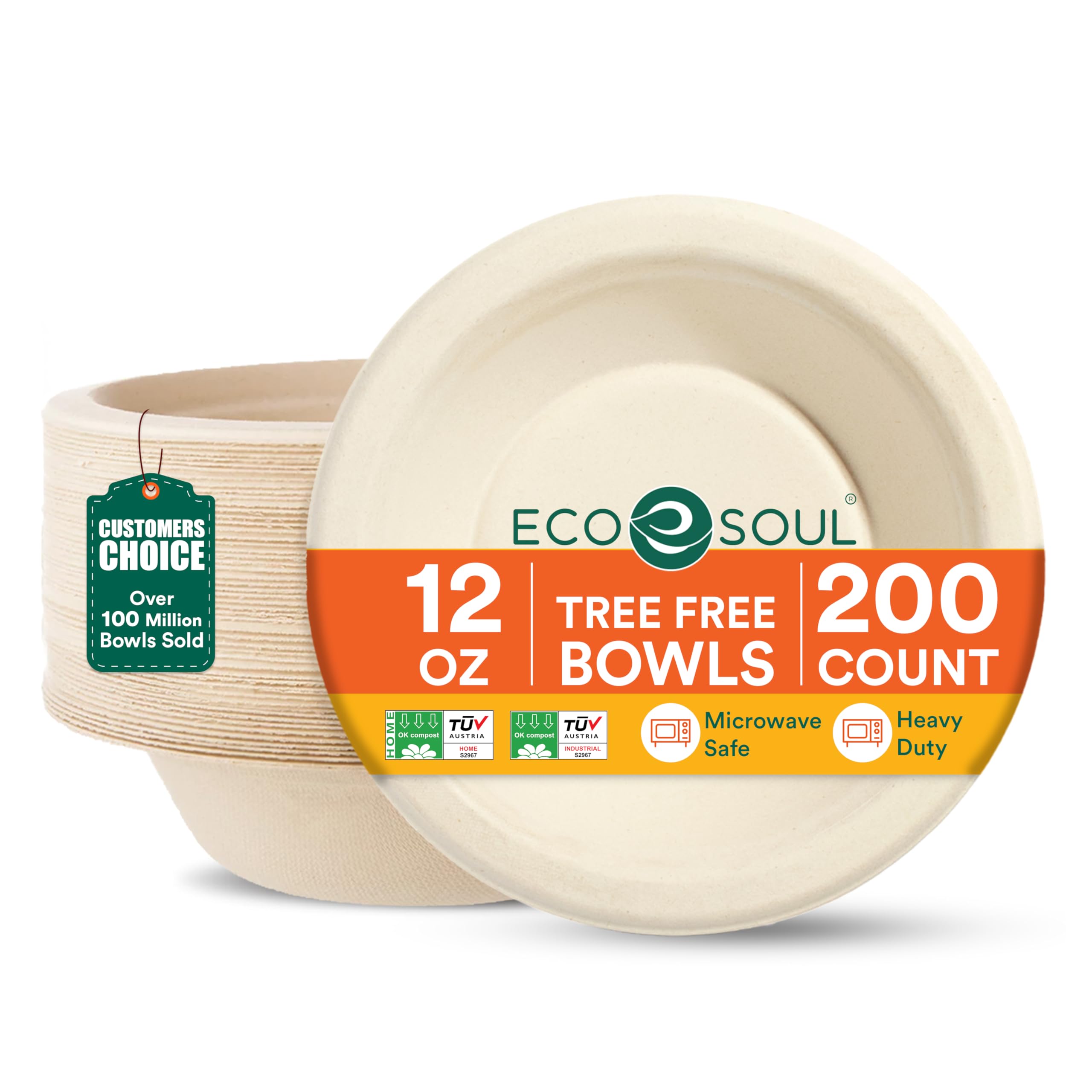 ECO SOUL 12 Oz Compostable Disposable Paper Bowls [200 Pack] Food Safe Leak-Free 100% Virgin Bagasse Biodegradable Heavy Duty Ramen Soup Bowl for Hot
