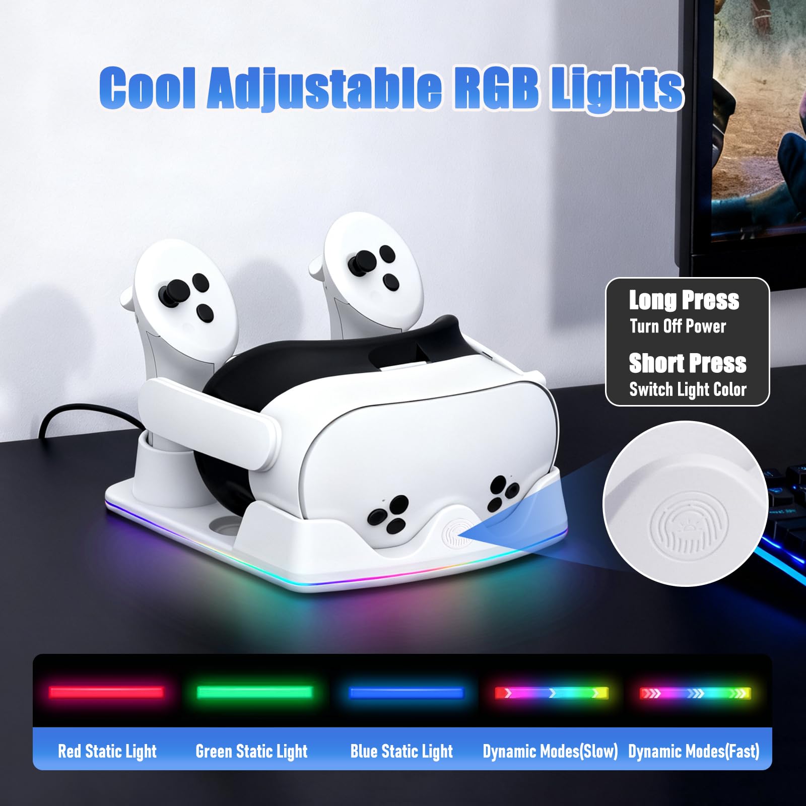 Stazione di Ricarica Compatibile con Meta Quest 2/3/3S, Dock di Ricarica Rapida per Quest 3 con Luci RGB, Caricatore per Cuffie VR, Accessori VR