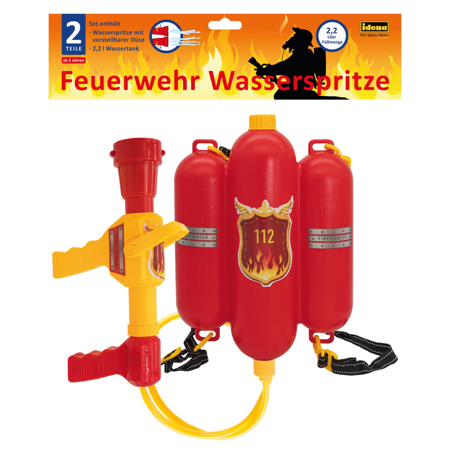 Idena 8040009 – straż pożarna strzykawka wodna, rozmiar ok. 40 cm, z regulowaną dyszą, zbiornikiem na wodę i paskiem na ramię, bitwa wodna, lato, impreza ogrodowa, pistolet natryskowy, pistolet na
