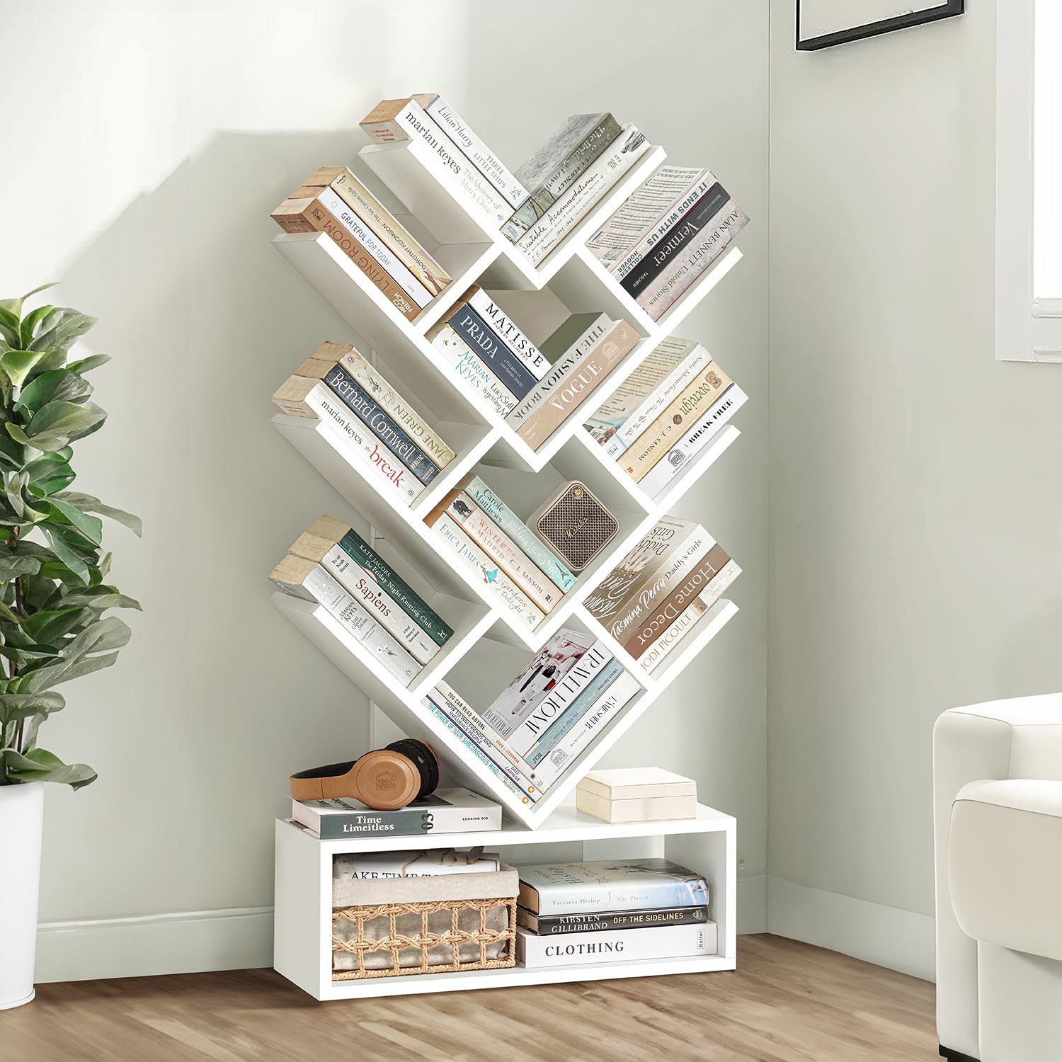 ABOUT SPACE Book Shelf for Home - 11 Tier Tree Shaped Book Rack for Study Room DIY Wooden Book Stand with Bottom Storage Space for Office, Livingroom, Bedroom (White - L 57 x B 21.5 x H 109 cm)