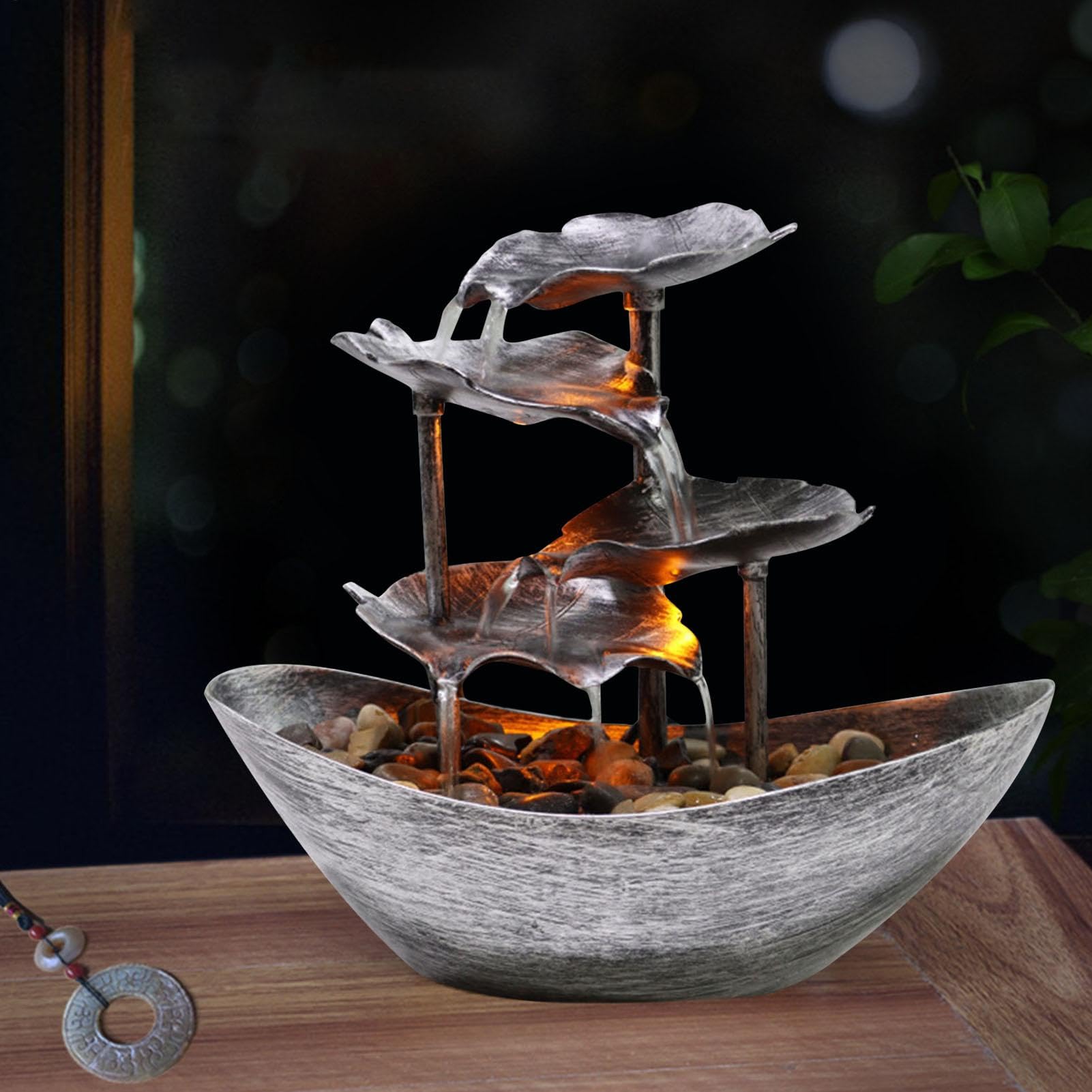 Fuente pequeña de cascada para interiores? Fuente de mesa de 4 niveles | Fuente de escritorio de relajación con bomba automática USB, luces LED, llave, decoración dorada y plateada de 10 pulgadas pa