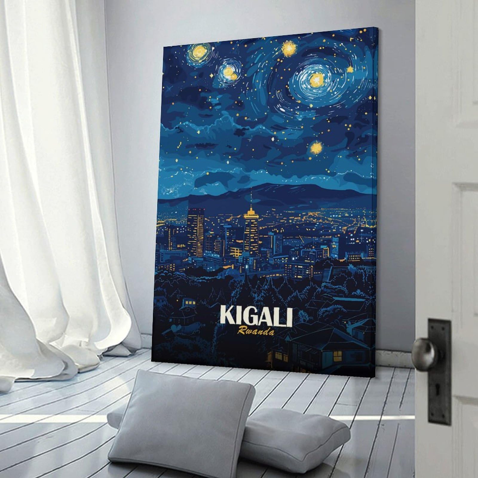 Junmoney Kigali Rwanda Starry Night Cityscape Canvas Wall Art 24x36inch(60x90cm), for Wall Displays, Bedrooms Or Room Updates, Ideal for Building A Coordinated Art Wall