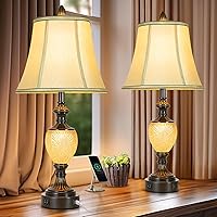 LuxSightCollection 27" Vintage Farmhouse Table Lamps Set of 2 with USB Ports, Night Light & Fabric Shades - Boho Bedside Lamps for Bedroom Living Room