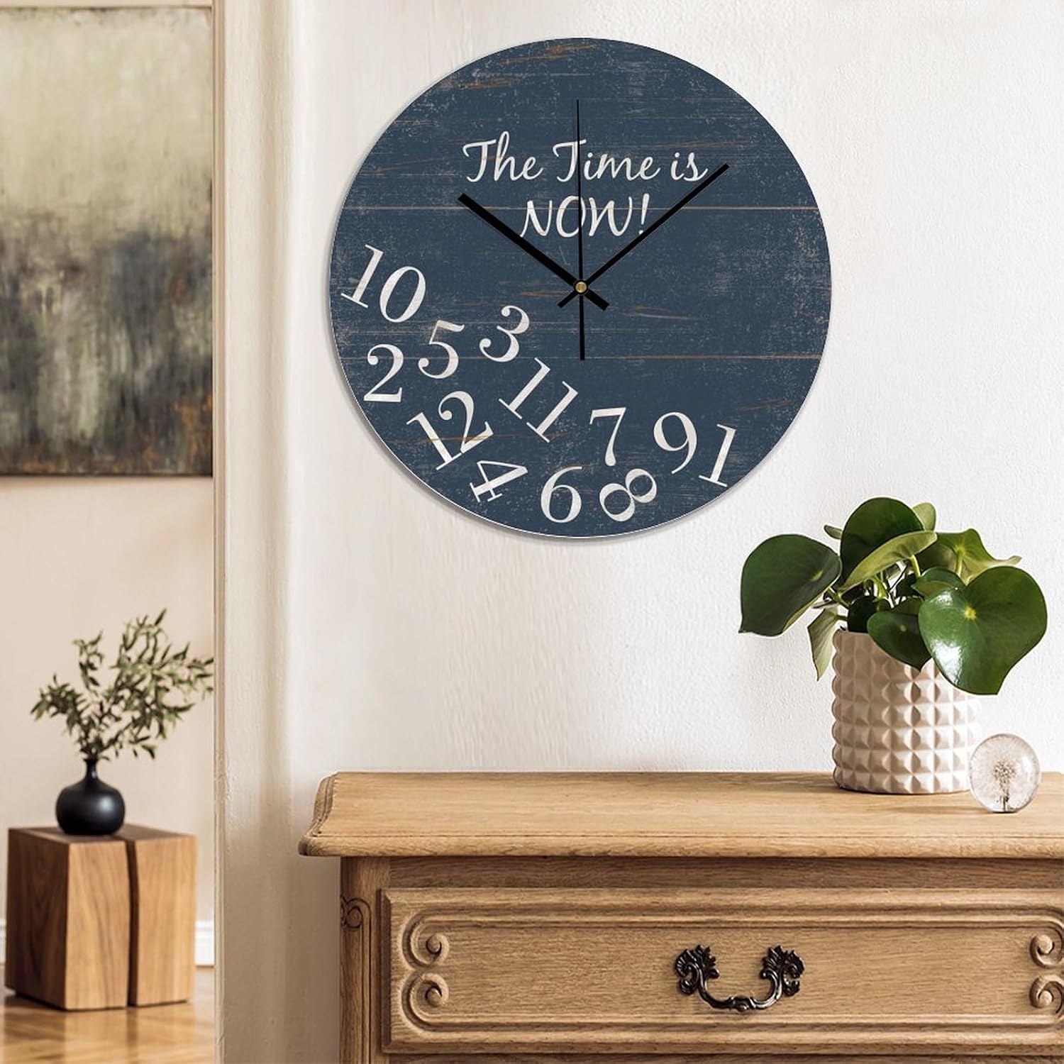 Wall Clock Silent Non Ticking Wooden Clocks The Time is Now Clock Battery Operated 15in, Round Farmhouse Clock, Rustic Clocks Decor for Home Kitchen Office