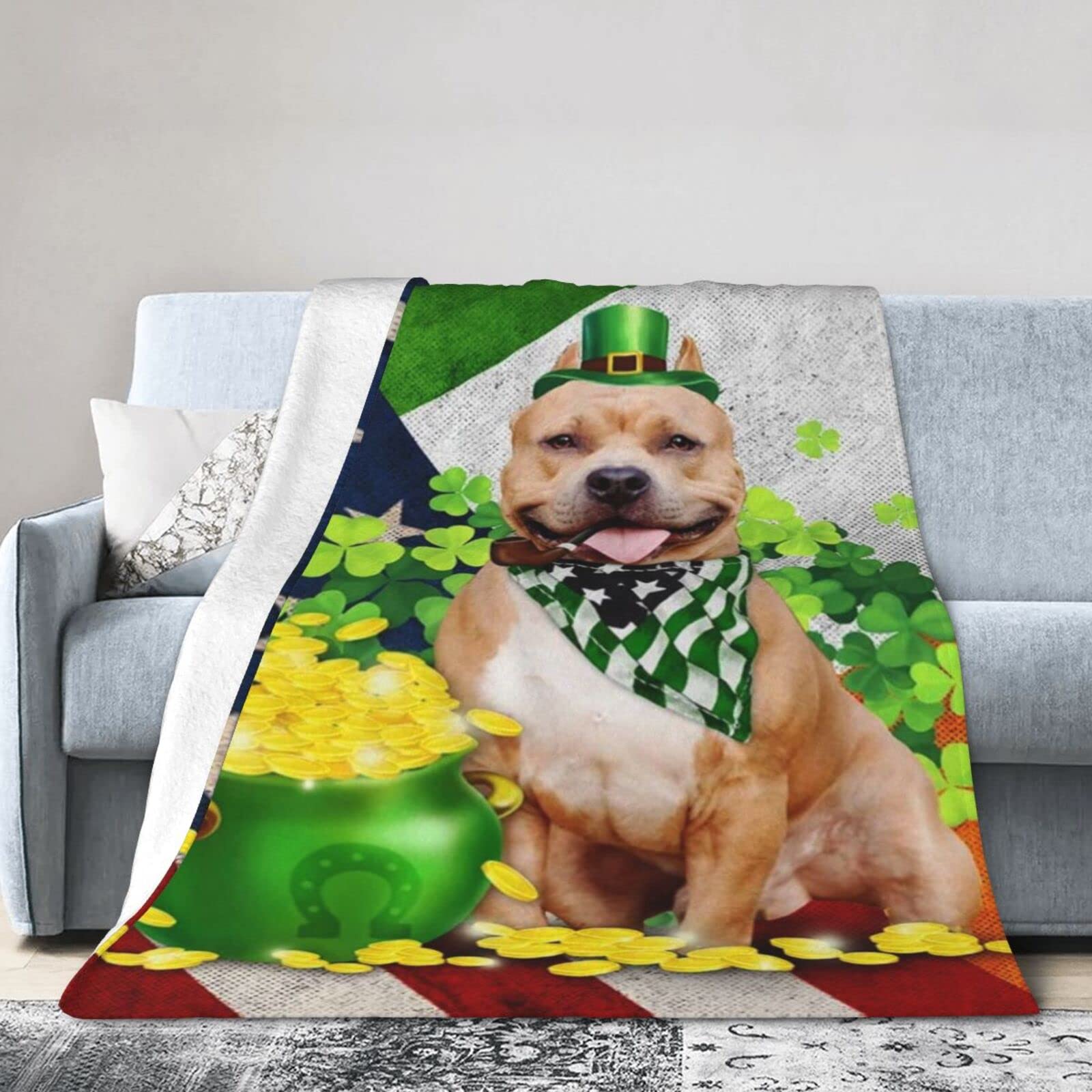 Lsjuee Flannel Fleece Blanket 80"X60" Pit Bull – Happy St. Patrick Day Bed Throw Blanket Lightweight Ultra-Soft Travel Spring Blankets for Boys Keep Warm