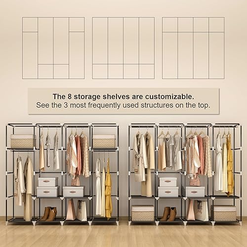 Miniatura 5 de Armario portátil de gran capacidad de 67 pulgadas con cubierta de tela no tejida, 4 varillas para colgar, 8 estantes, organizador de almacenamiento