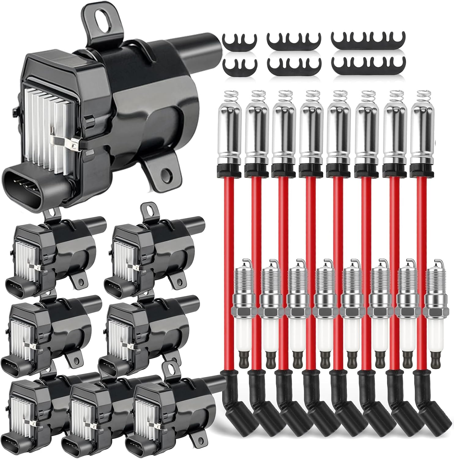 UF262 Ignition Coils Pack & 41962 Double Iridium Spark Plugs & 10.2MM Spark Plug Wires for Chevy Avalanche Express Tahoe Silverado Suburban 4.8 5.3 6.0L/GMC Savana Sierra Yukon/HUMMER H2 OEM# D585