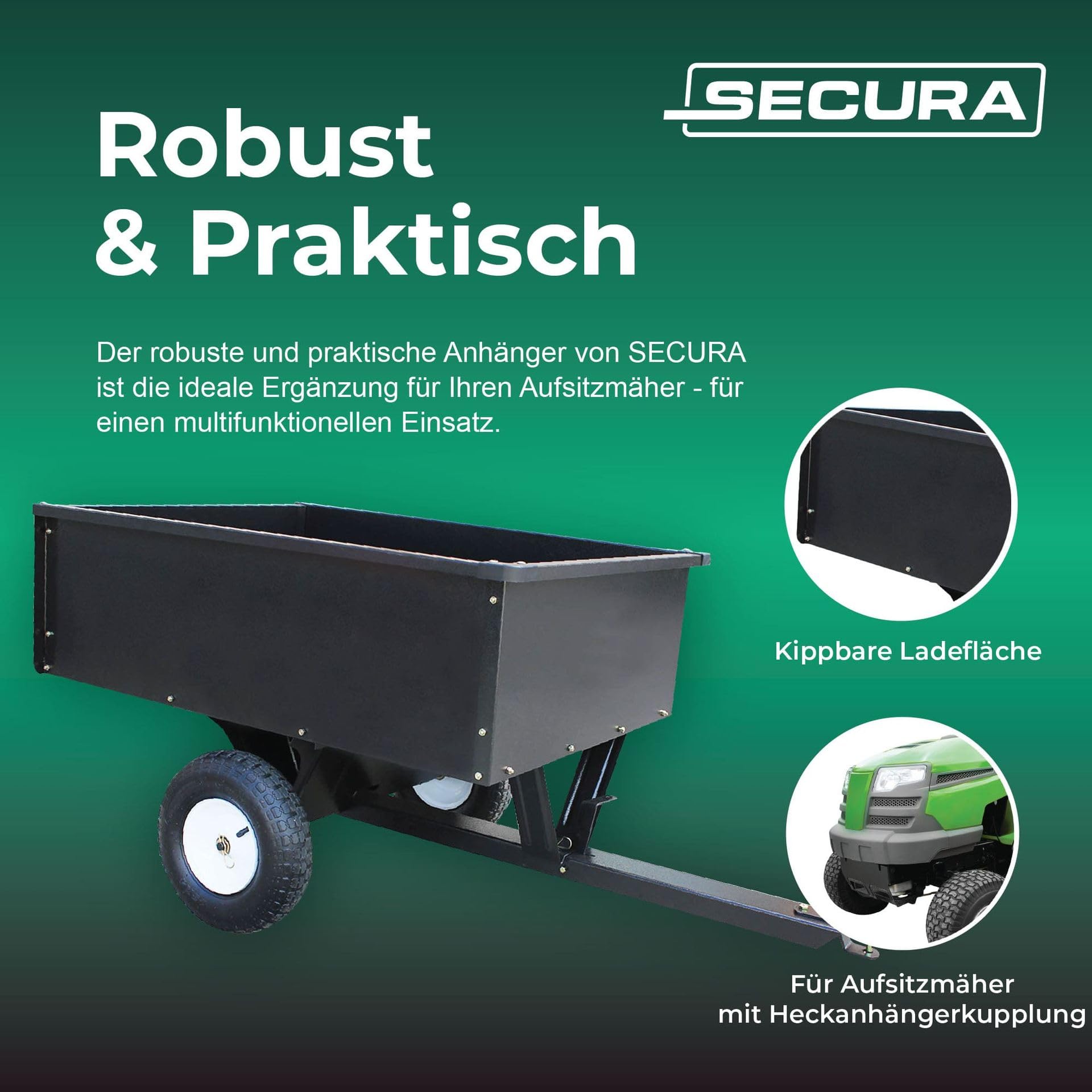 SECURA Anhänger für Rasentraktor kippbar 180 kg Nutzlast Stahl Ladefläche Heckklappe passend für Aufsitzmäher