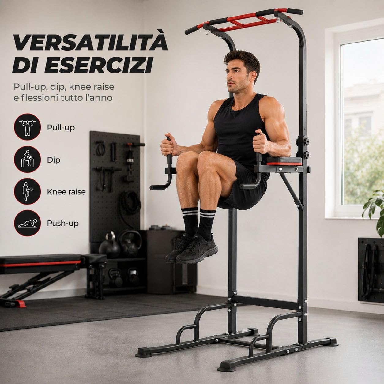 Power Tower Multifunzione Sbarra Trazioni Autoportante Regolabile 165-240 cm, Acciaio, Nero e Rosso, 120x80 cm