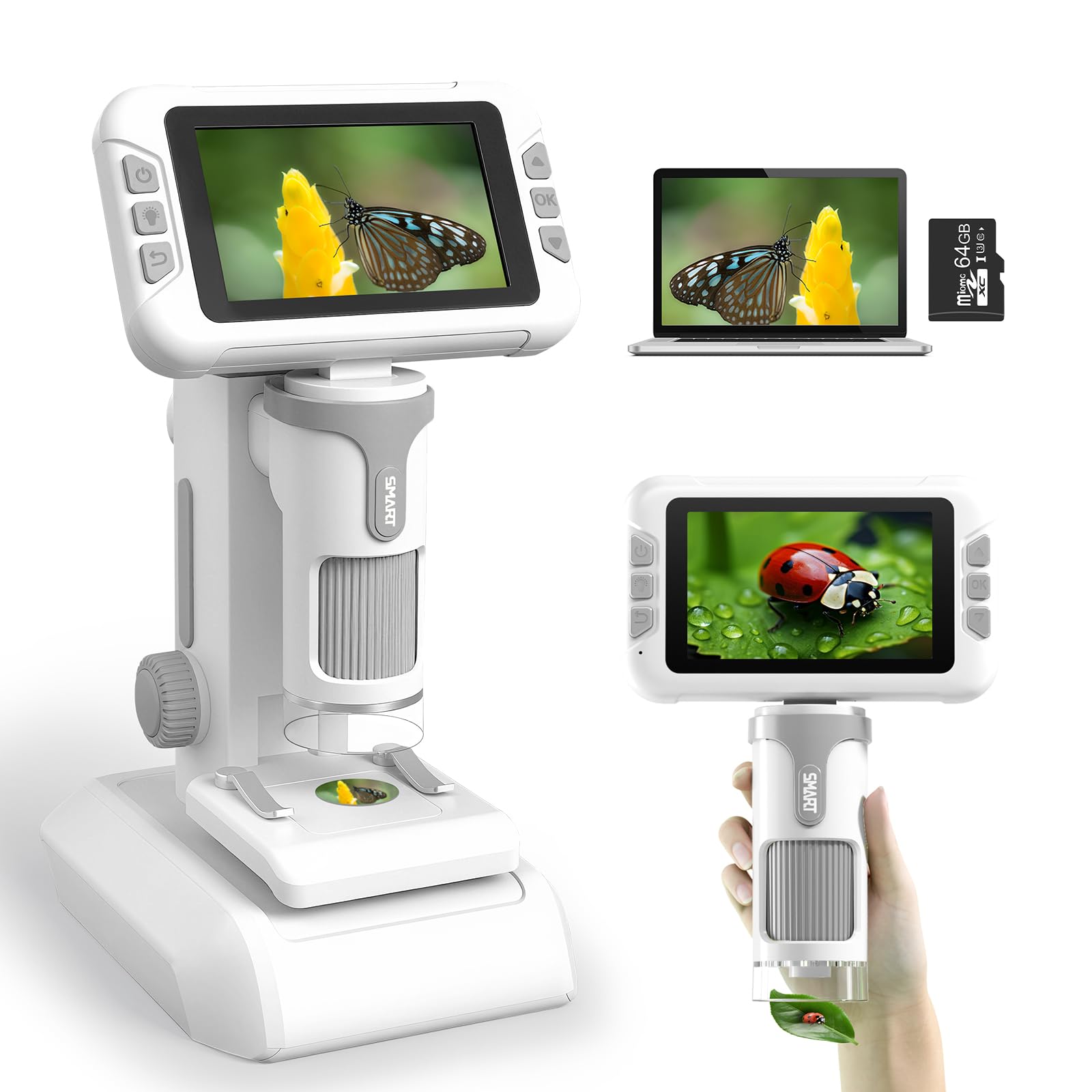 Charmofun Microscopio para Niños, Microscopio Portátil Niños con Tarjeta de Memoria de 64G, Microscopios Digital Infantil con Pantalla LCD de 4", Aumento 1600X, Fotos y Videos, Función Portátil y Fija