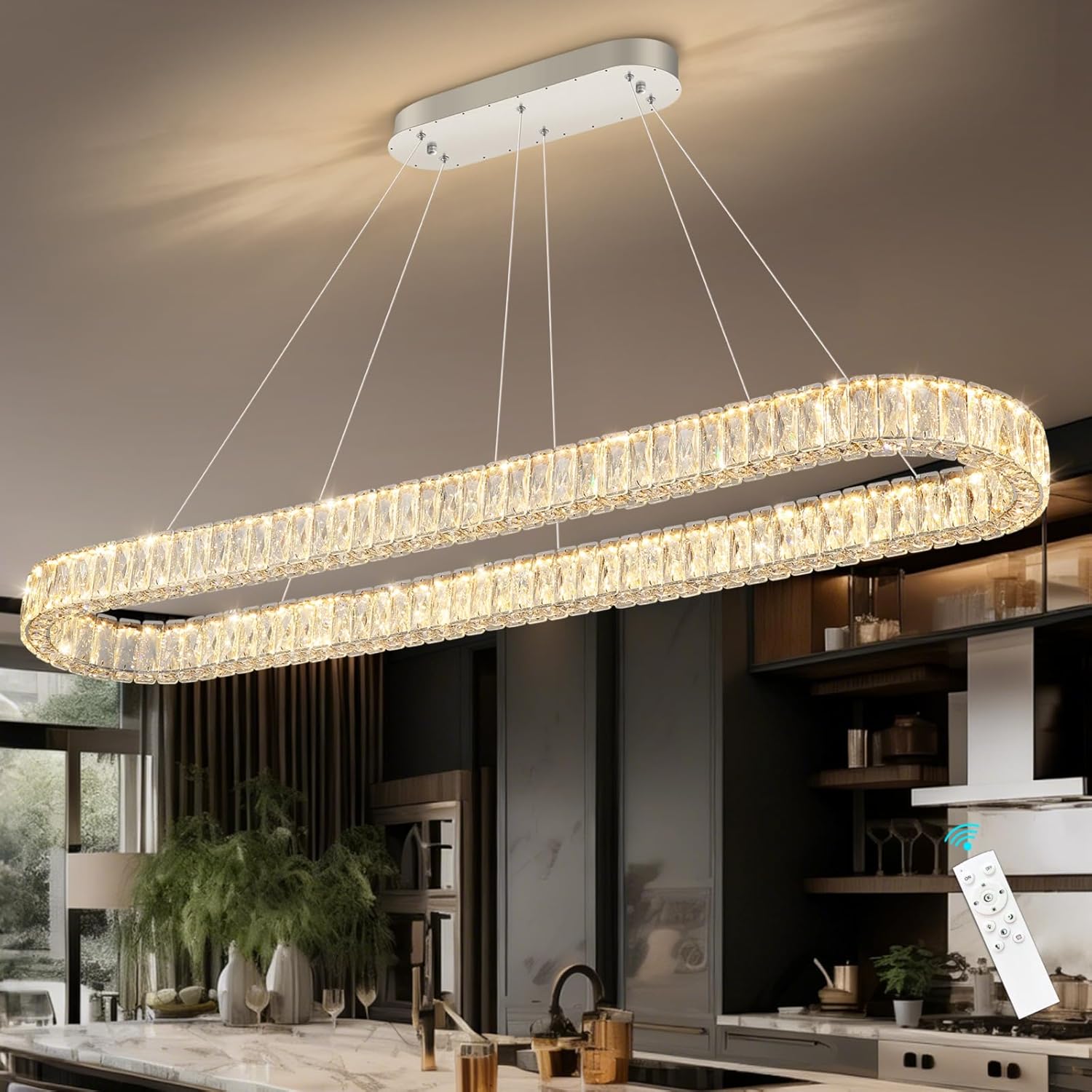 HAIXIANG Crystal 59 Inch Long Chandelier Modern Dimmable LED Chandeliers for Dining Table Pendant Lights Rectangular Glam Lighting Fixtures for Dining Room Kitchen Island Silver