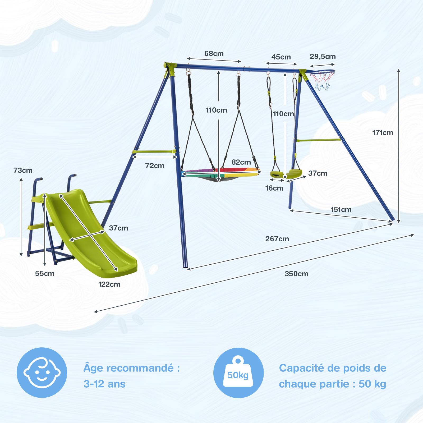 Portique Balançoire DREAMADE - Support 300kg, 2 Sièges (Classique + Soucoupe)