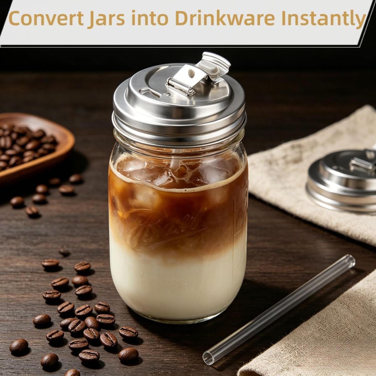 2Pcs Stainless Steel Mason Jar Drinking Lids, Metal Shaker Lids for Wide Mouth 16/24/32/64oz Jars, Coffee Sip Lid with Leak-Proof Flip Seal, Reusable Drink Covers