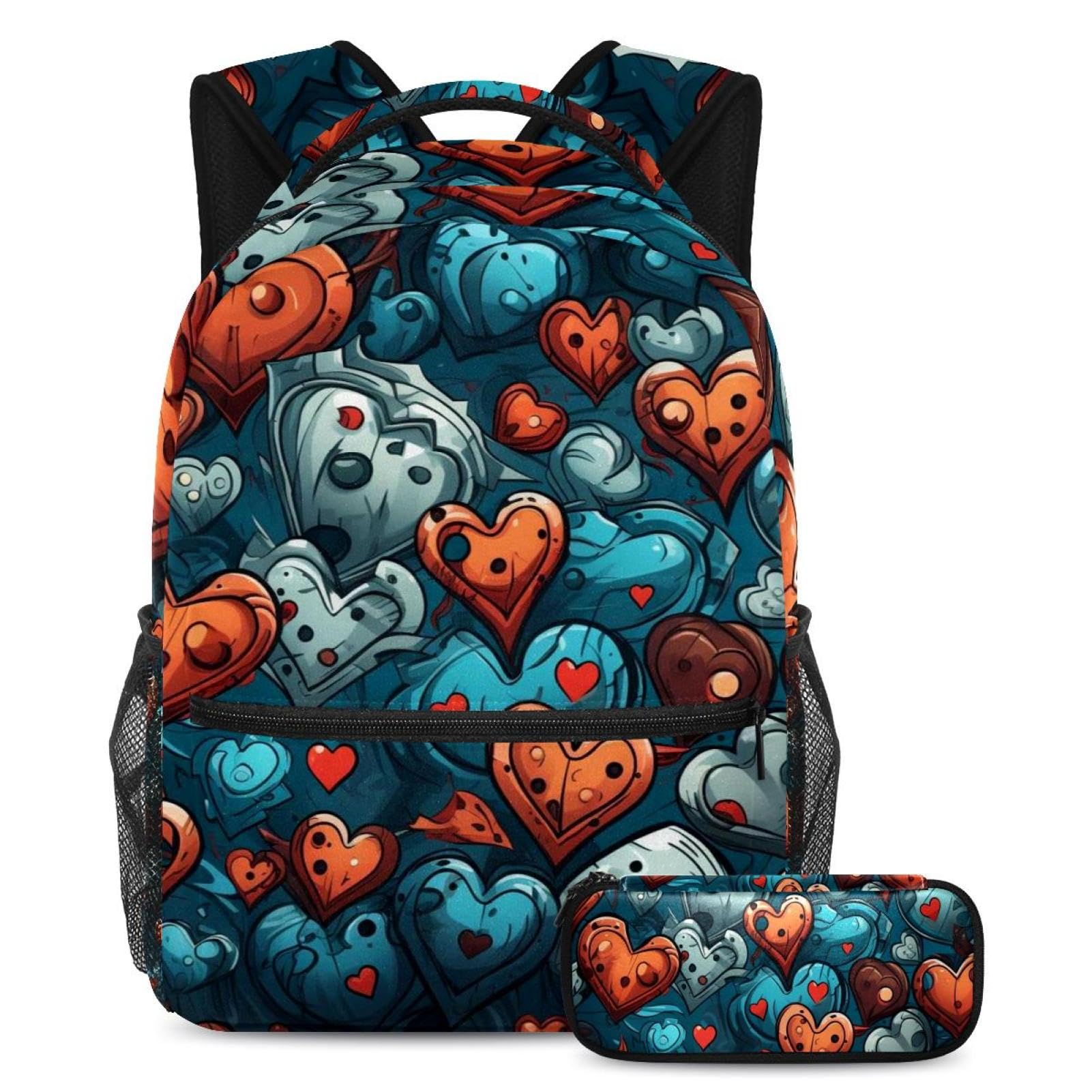 Cartable enfant 2 pièces imprimé cœurs rouges combat format large - 7