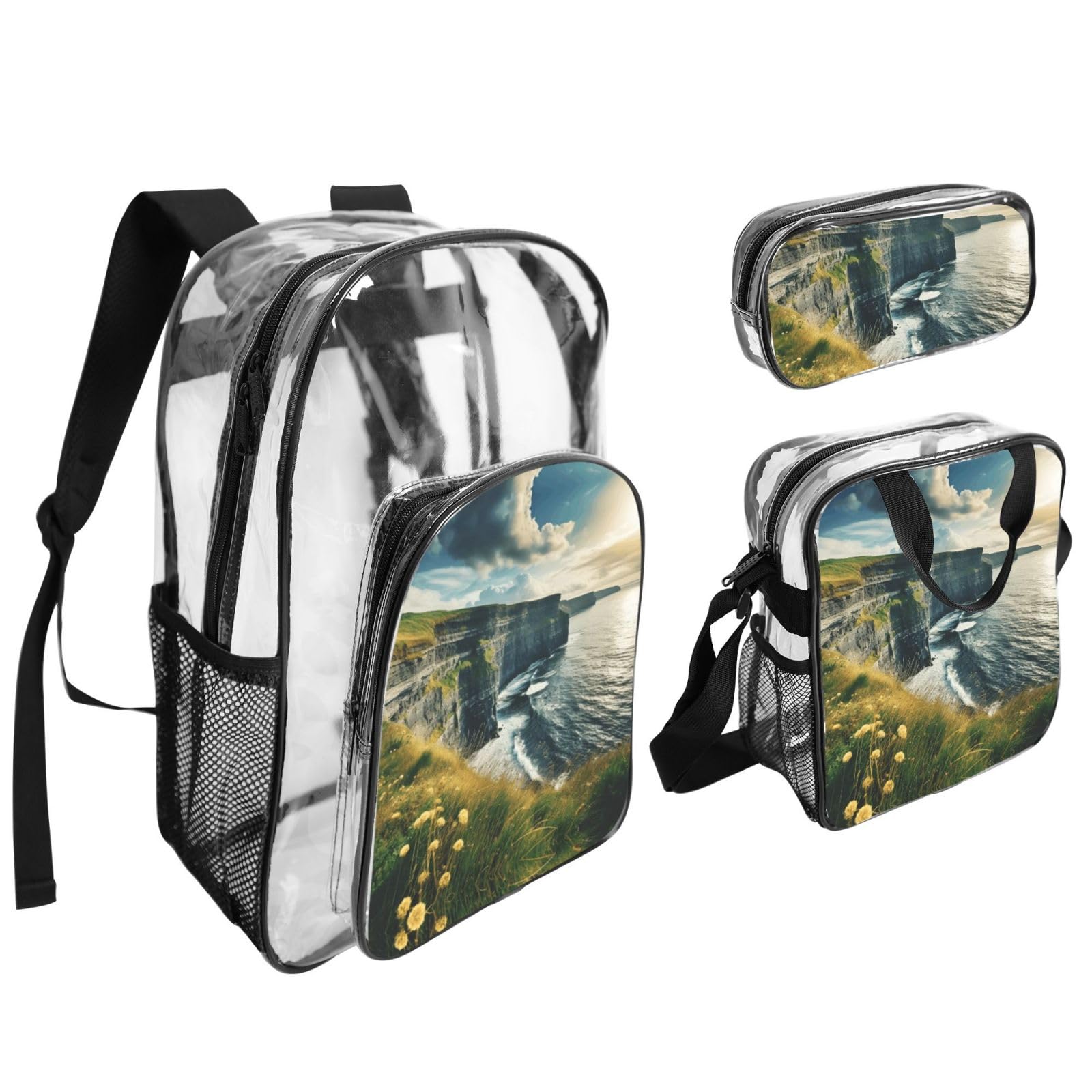 Ireland Outdoors County Clare The Cliffs Set zaino stampato 3 in 1 Set di borse trasparenti per scuola, lavoro, stadio, eventi e trasporto quotidiano