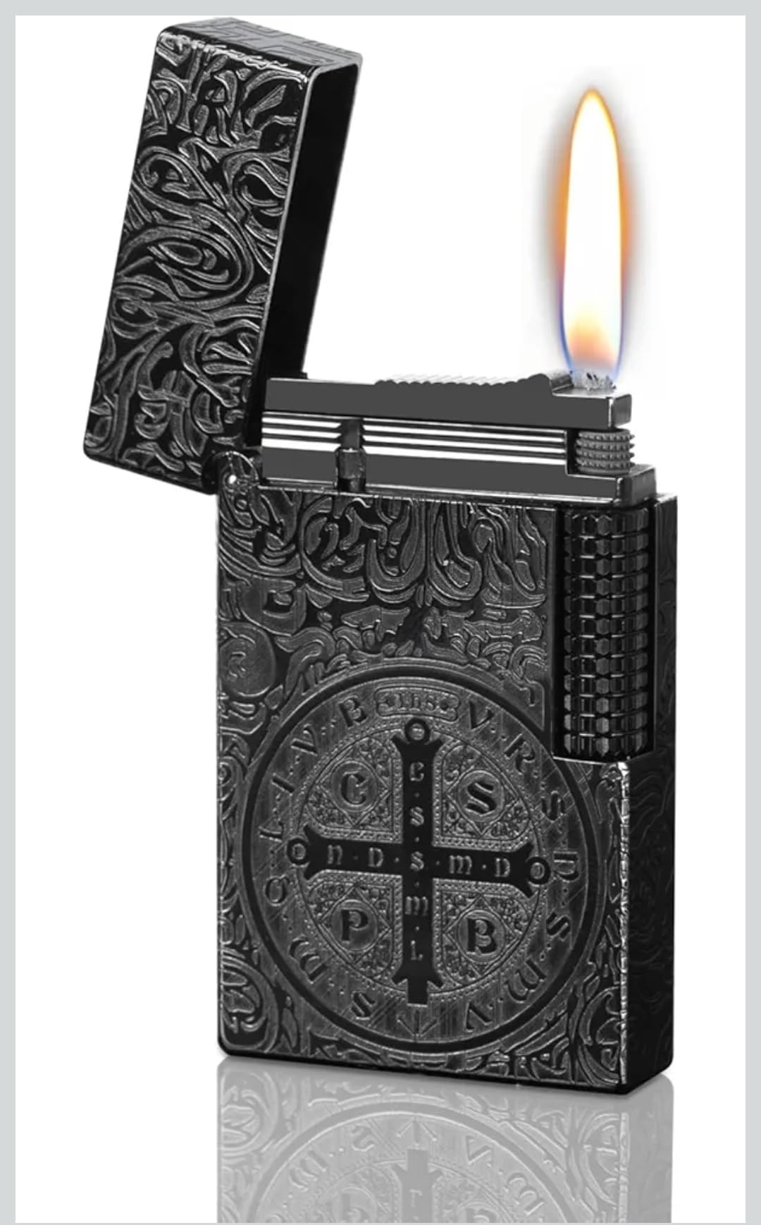 Premium Carved Metal Side Press Trench Lighter – Saint Benedict Cross Design, Windproof Refillable Pocket Fire Cigarette Lighter for Smoking, Stylish Gift for Men Multicolor Avail (Black)-image-10