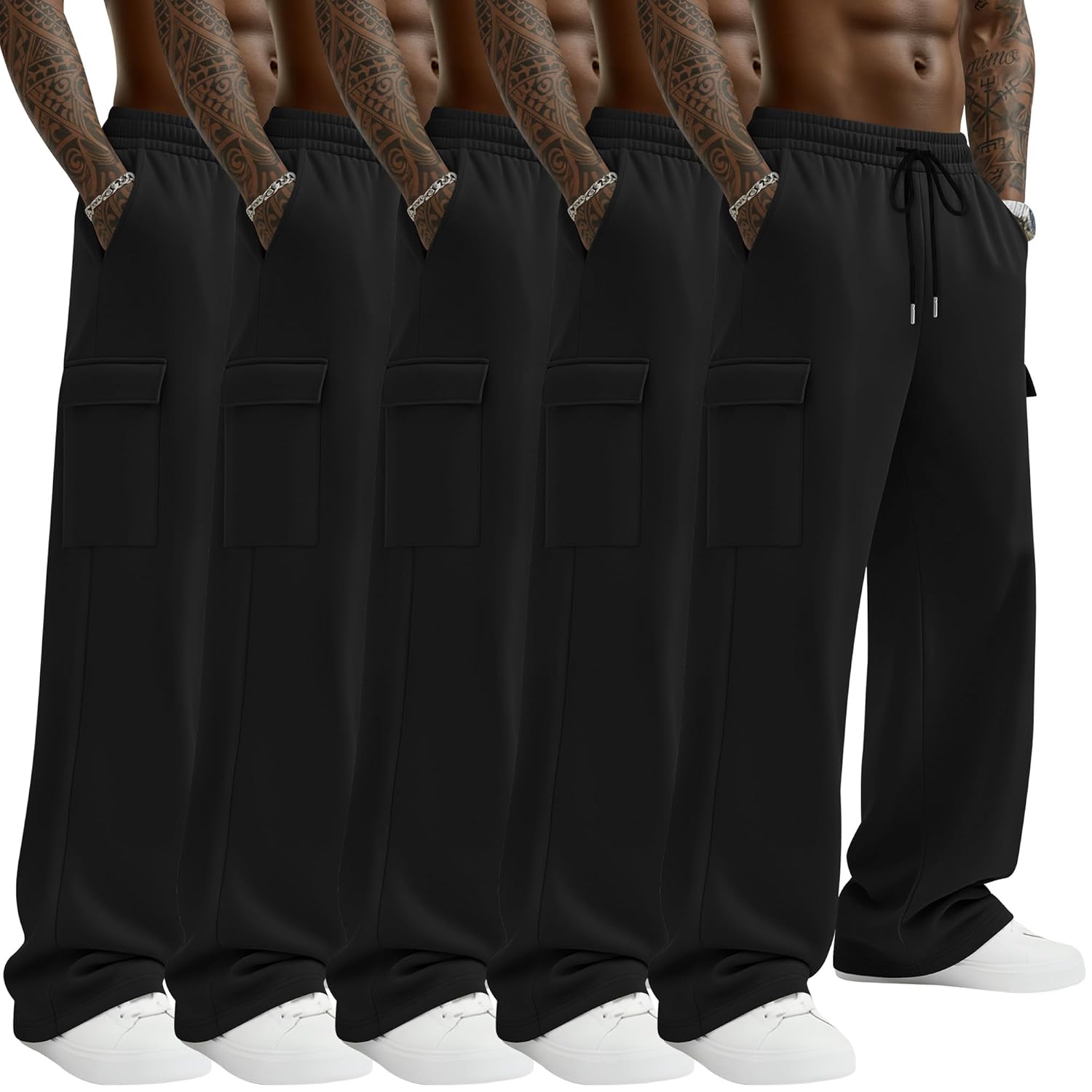 5 Pack Mens Cargo Sweatpants Lightweight Baggy Wide Leg Open Bottom Joggers Drawstring Pants with Pockets