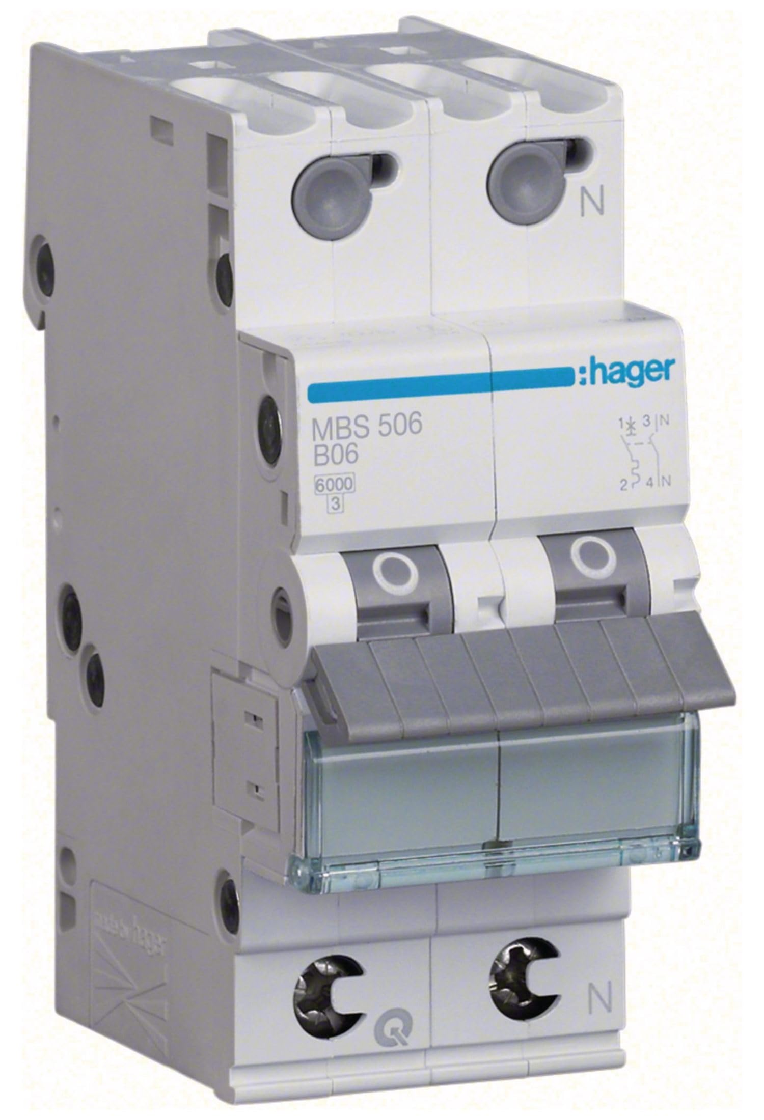 Hager MBS506 Leitungsschutzschalter 6A 1P+N 1-polig+N 6kA B-Charakteristik 2 PLE TE LS-Schalter MCB (MBS 506)