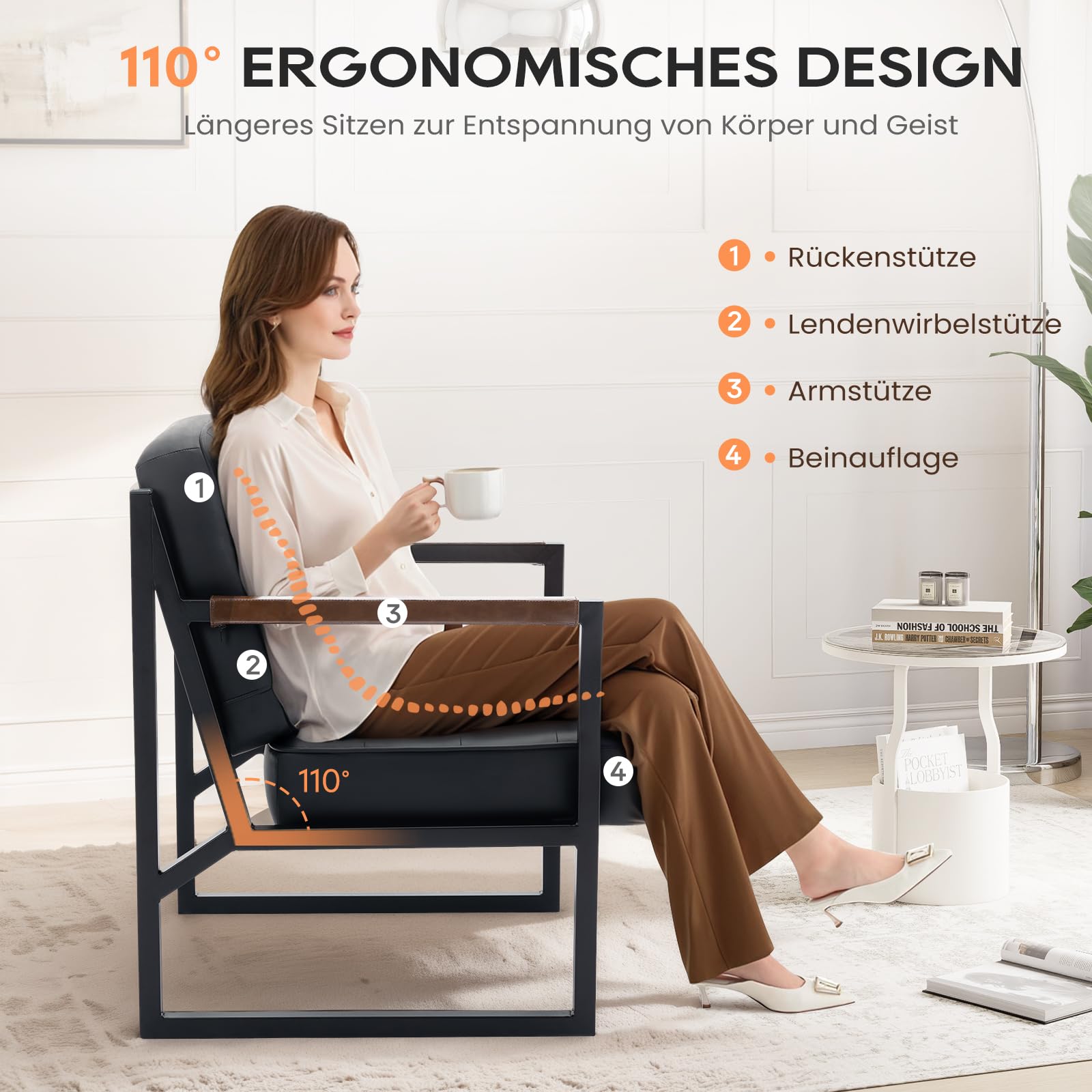 COLAMY Ohrensessel Sessel Wohnzimmer 2er Set, Leder Accent Chair, Mid Century Modern Kunstleder Empfangssessel mit Metallbeinen für Wohnzimmer Schlafzimmer Empfangsraum Wartezimmer, Schwarz