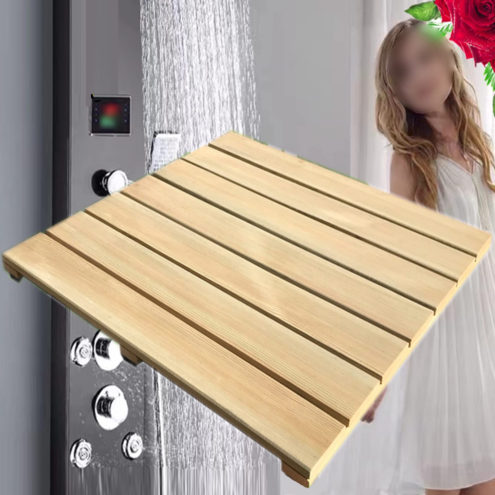 Tappeto Doccia per Bagno in Pino,Tappeto Sauna Massello,Pedana in Legno,Tappetino da Doccia Naturale,Ecologico e Sano,per Doccia e Vasca (60x40cm/24x15.7in)