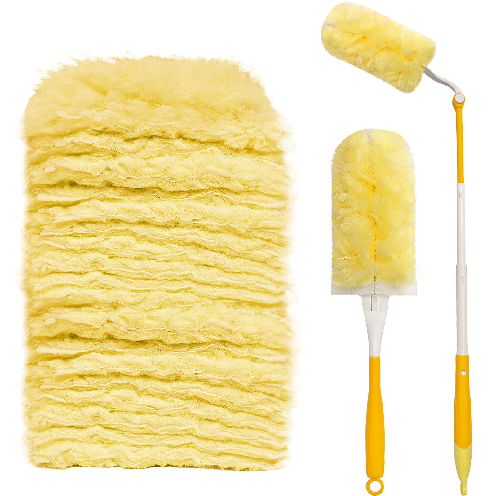 Newthinking Yellow Flash Dust Magnet Starter Kit, Disposable Fluffy Electrostatic Dusters With Refills For Home Cleaning (1 Upgrade Short Handle, 1 Extended Long Handle, 24 Duster Refills)