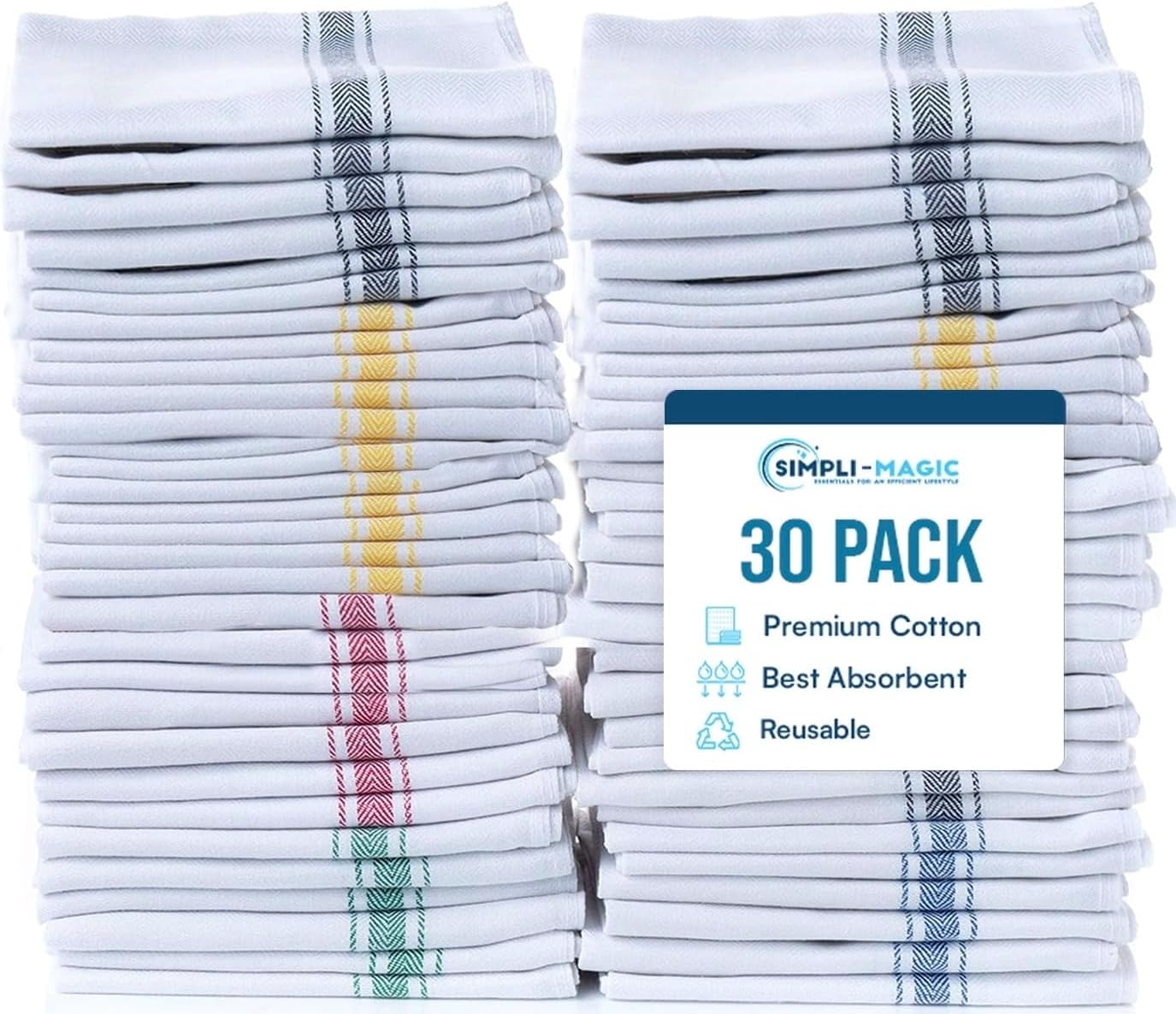 Simpli-Magic Cotton Herringbone Dish Towels, 15"x25" (30 Pack) – High Absorbent Kitchen Hand Towels (Multi-Color)