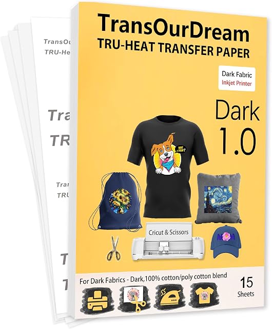 TransOurDream Tru-Transfer Paper - Inkjet Heat Transfer Paper Iron On Transfer Paper for Dark T Shirts &Fabrics NO Peeling NO Cracking NO Fading,Custom Aprons,Hats,A Pack of 15 Sheets A4 (TRANS-07-15)