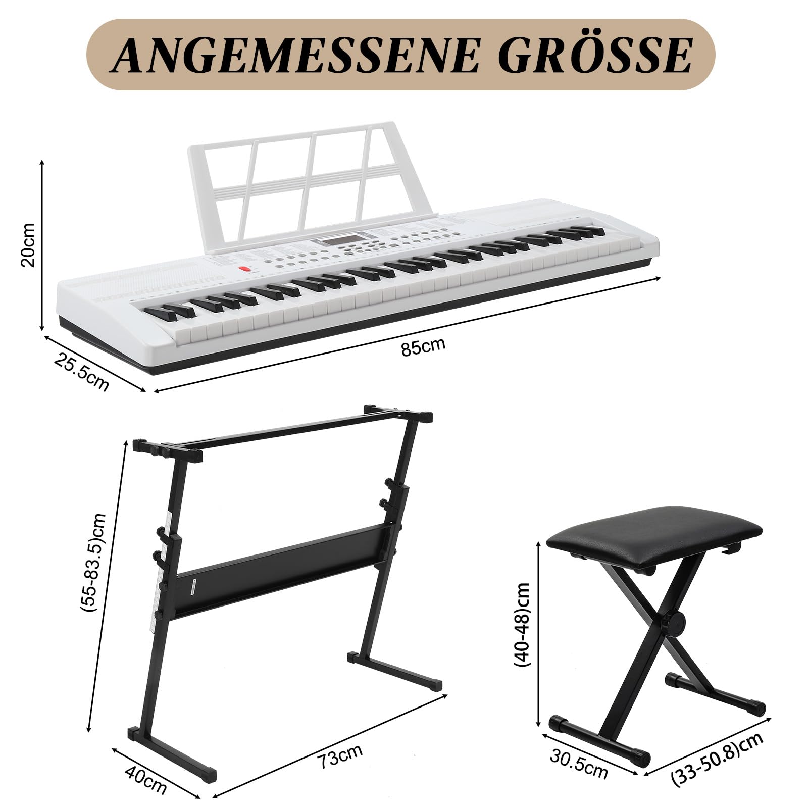 LEADZM Keyboard Pianoforte a 61 tasti, con supporto per tastiera, panca per pianoforte (bianco)