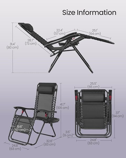SONGMICS Set of 2 Zero Gravity Reclining Chairs, Folding Sun Loungers with Tray, Adjustable Headrest, Max. Load 110 kg Each, for Patio, Garden, Black GLB032BZ02 - 3