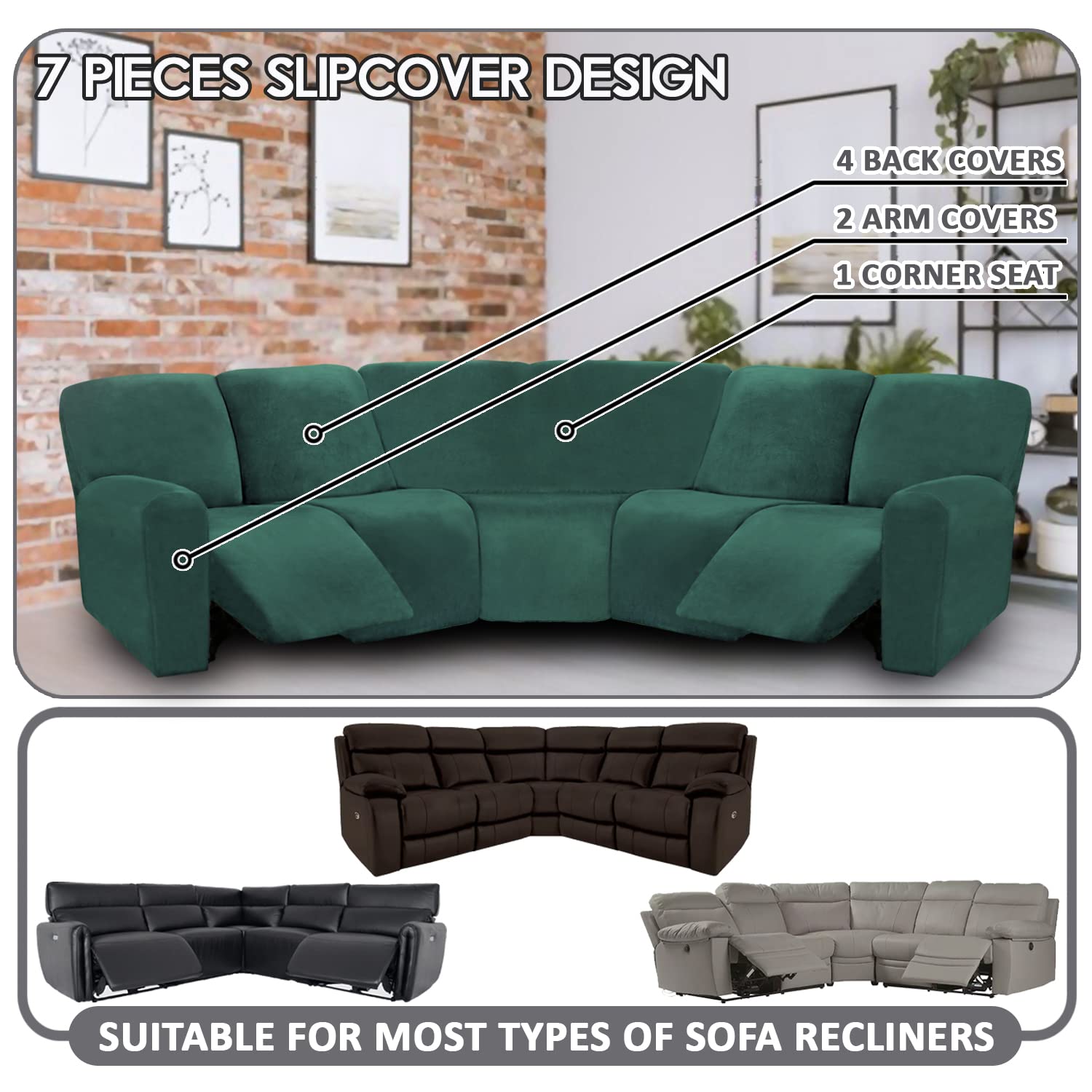 ULTICOR 7Piece L Shape Sectional Recliner Sofa Covers, Velvet Stretch
