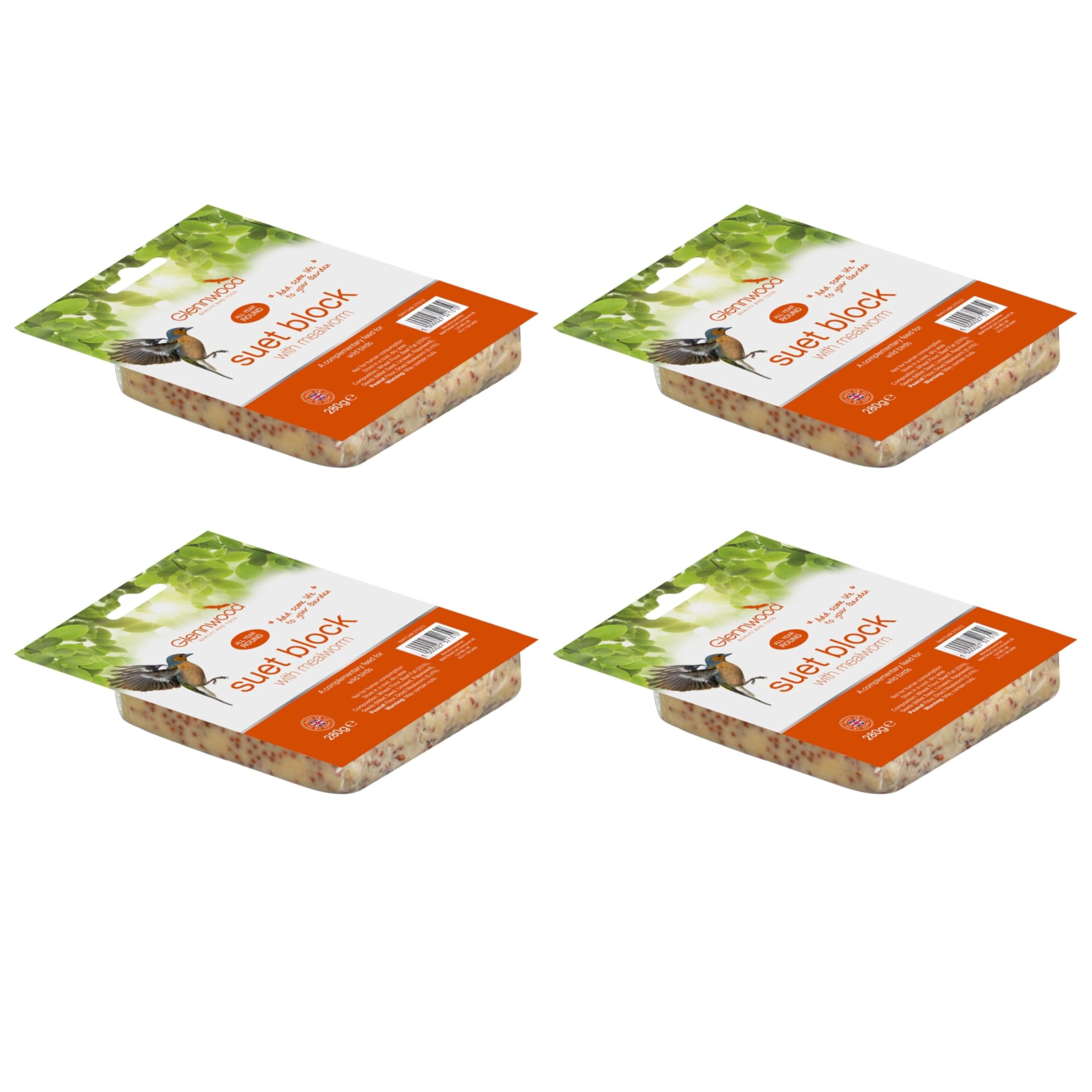 Ark Future Glennwood All-Season Wild Bird Suet Block with Mealworms – Pack of 4 x 280g Each Nutritious Garden Bird Food for Backyard Birds