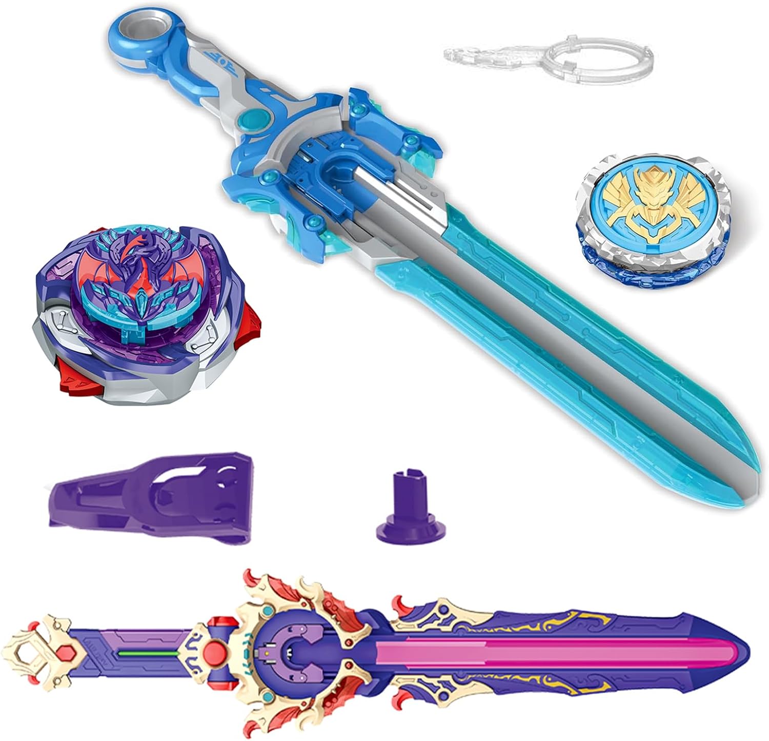 INFINITY NADO Metal Spinning Top 2PCS with Deluxe LED Sword Launcher, Transformable Metal Battling Top Toys for Kids Boys Girls 5 6 7 8 9 10+, Skylord, Purple VS Gale Wings, Blue