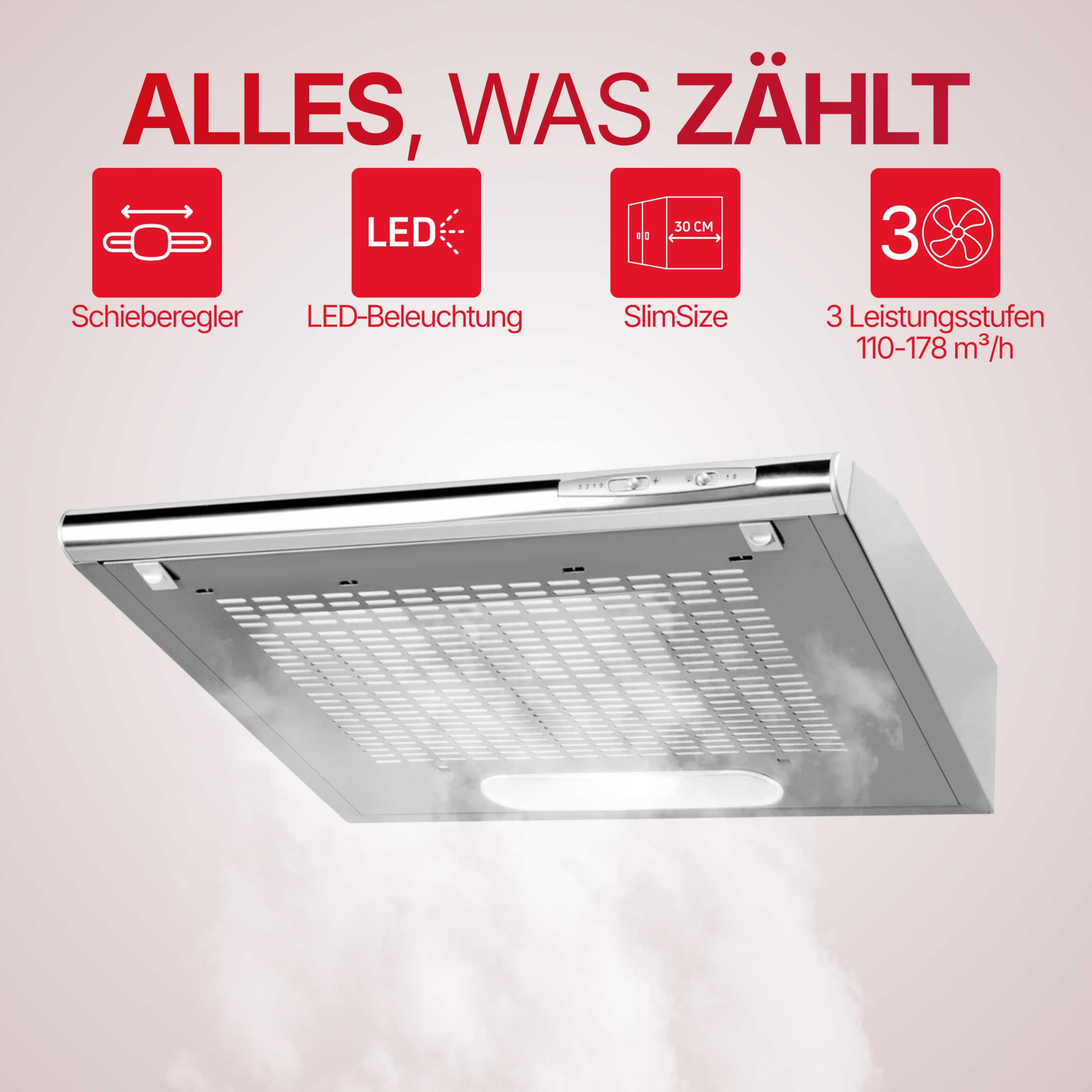 Amica UH 17010-4 E Unterbauhaube / 60 cm breit/Abluft- /Umluftbetrieb/Slider/ 3 Leistungsstufen /53dB/ [Energieeffizienzklasse C]