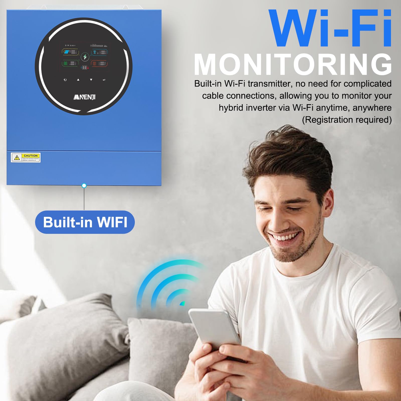 5000W Inverter Ibrido 48V Inverter Fotovoltaico a Onda Sinusoidale Pura, Tensione a Circuito Aperto Fotovoltaico 60–500 Vcc Dispone di Due Porte di Uscita Integrate e un Modulo WiFi
