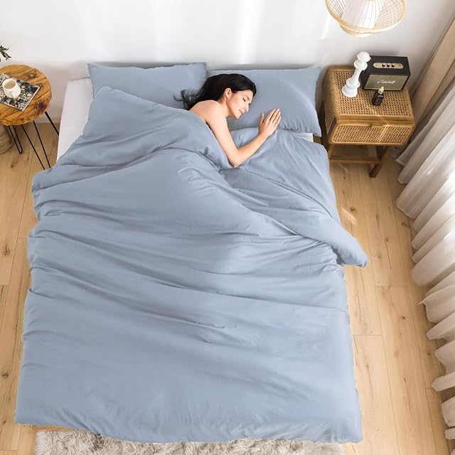 COTTEBED Solid Comforter Queen Set for Mens Women - Soft Thin Washed Cotton Ligtht Weight Full Sized Bedding Down Alternative Comforters Sets with 2 Pillow Shams (Light Dusty Blue,Queen/Full)