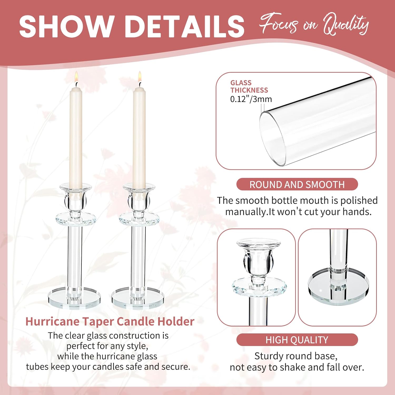 Showgeous 4 Pcs Hurricane Candle Holders, 18 inch Tall Clear Crystal Glass Taper Candle Stands with Open Ended Glass Chimney Tube for Wedding Party Decoration