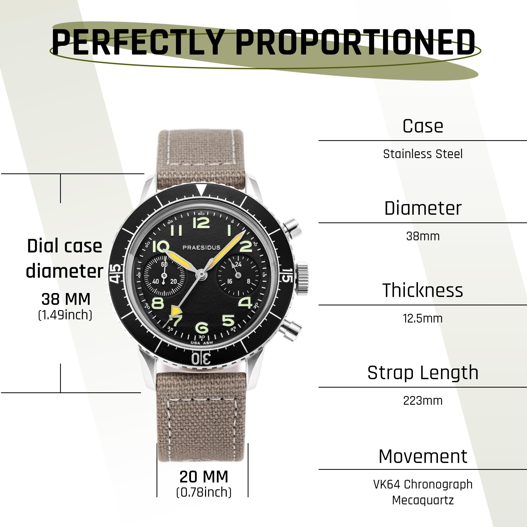 PRAESIDUS | 𝗧𝘆𝗽𝗲 𝗛-𝟳𝟱 - Zegarki dla mężczyzn, Męskie zegarki na rękę - Pilot, Wojskowy - 38mm Case | Zmontowany w USA, 2 wojna światowa, Prezent