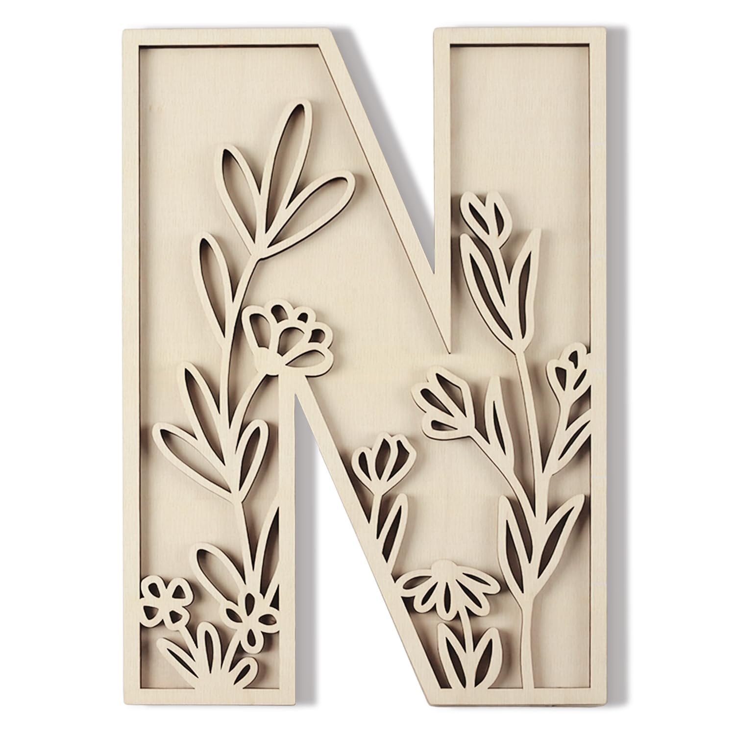 Layered 12 Inch Large Wooden Letters for Wall Decor, Flowered Paintable Wooden Nursery Letters for Crafts Wood Alphabet Letter N for Birthday Boho