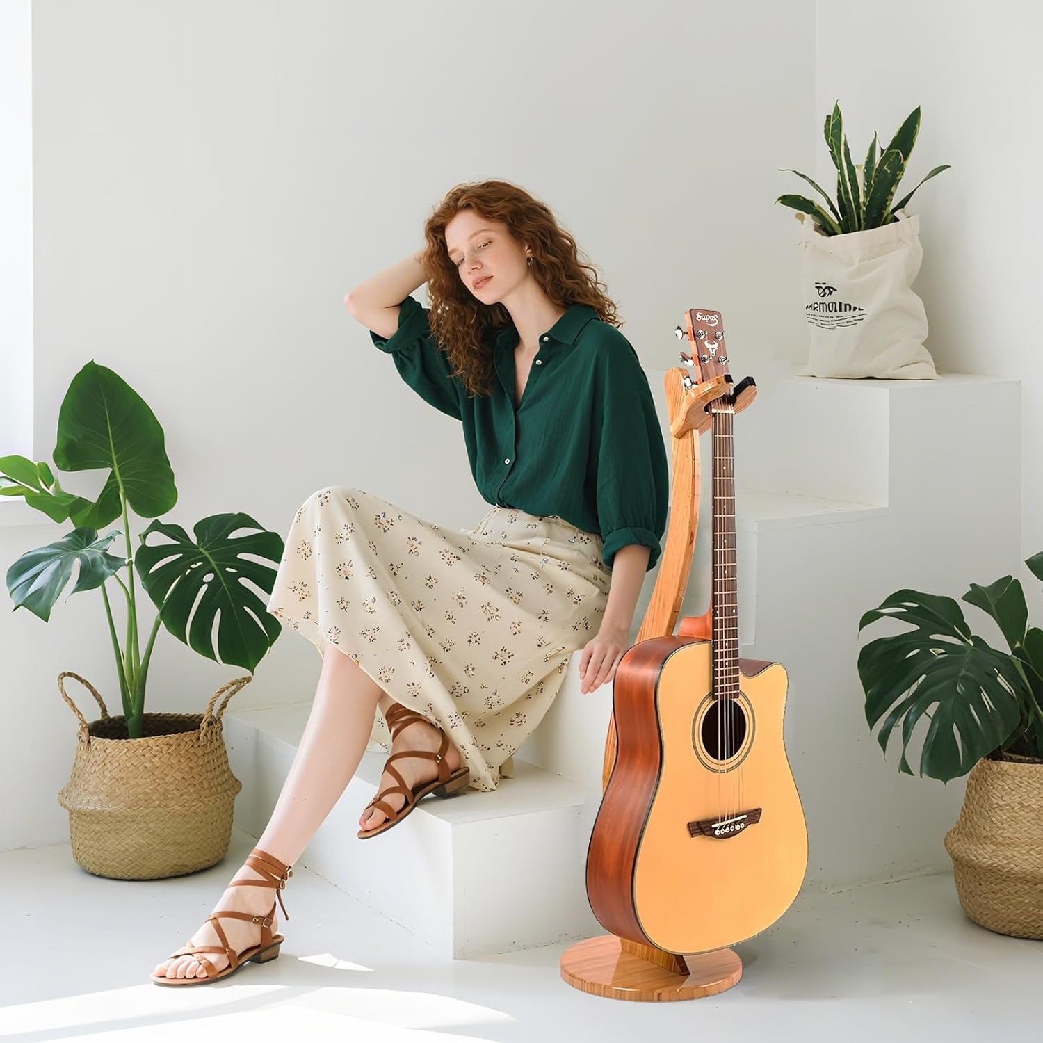 Wooden Guitar Stand - Acoustic Electric Guitar Holder Bamboo, Portable Single Guitar Hanger Rack for Banjo Bass Ukulele Guitar Player Accessories Home Studio Music Instrument Display