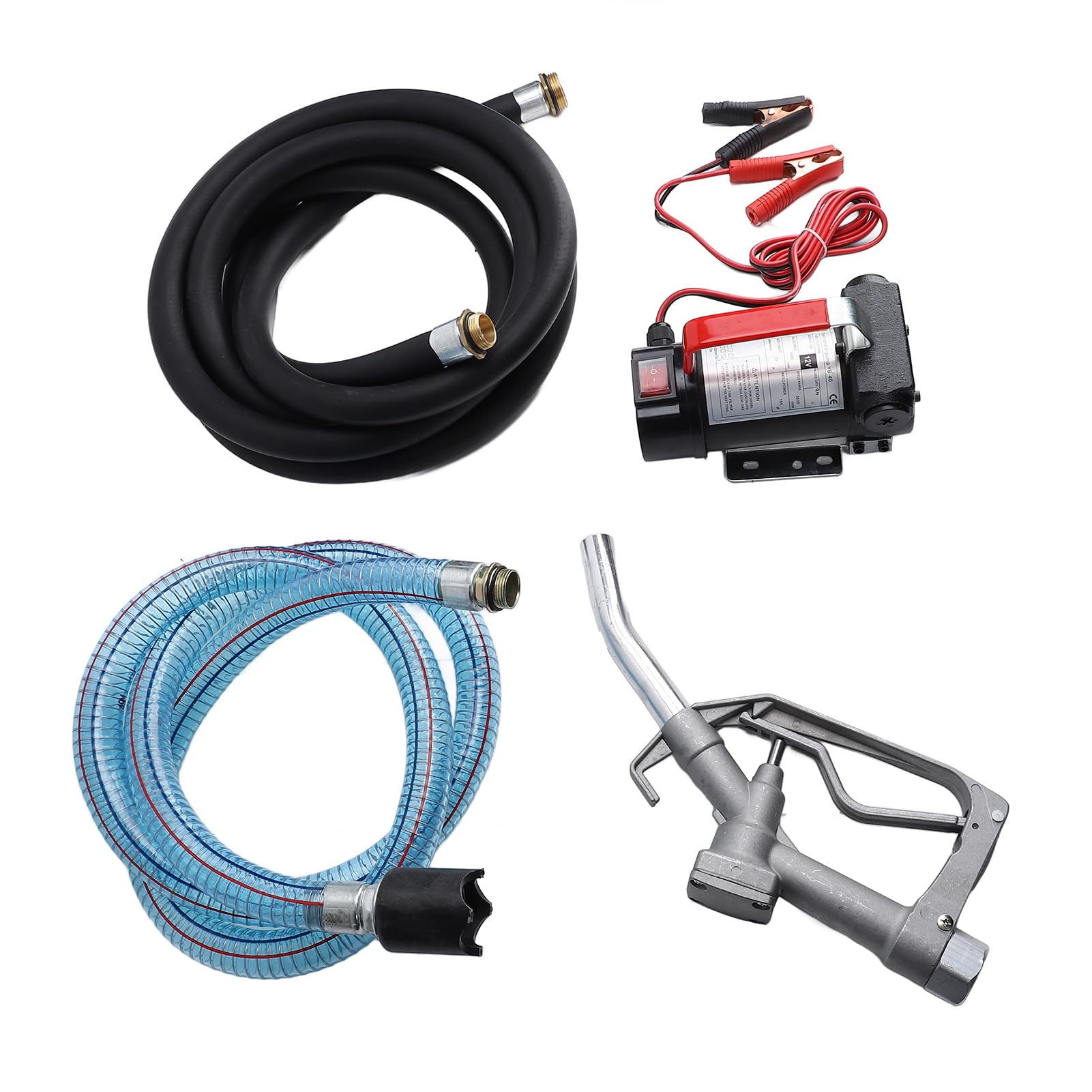 Zestaw Elektrycznej Pompy Paliwa 12 V, Guma PVC, Stalowa Pompa do Przetaczania Paliwa, 155 W z Wężem Wlotowym o Długości 2 M, Wężem Wylotowym i dyszą o Długości 4 M, do Pojazdów