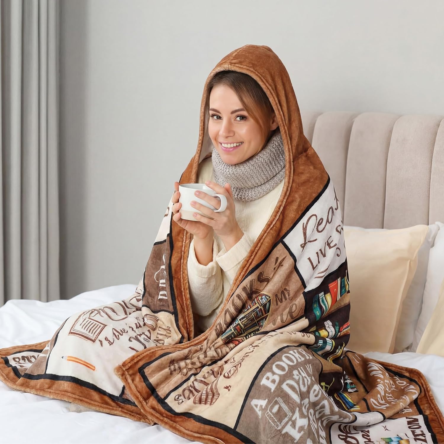 70''x47'' Book Lover Wearable Blanket Plush Reading Blanket | Warm Hooded Design, Gift to Bookworms Librarians Bookish Readers, Book Club Gatherings, Back to School Party Supply