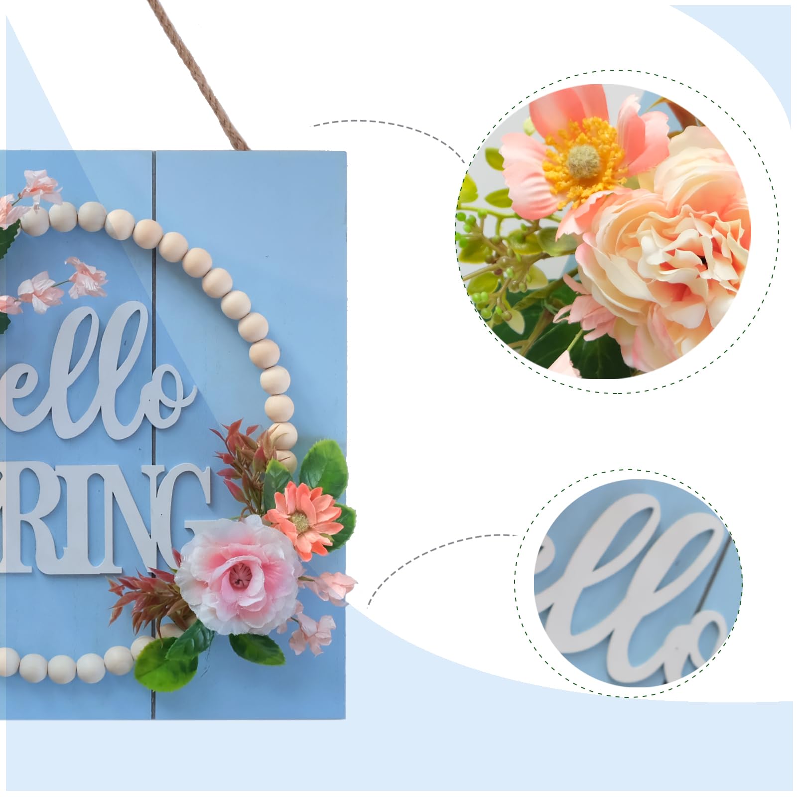 Idyllic Hello Spring Sign Wreath for Front Door, Artificial Flower Wreath with Hello Spring Wooden Sign for Farmhouse Wall Wedding Decor Window Front Porch Decor
