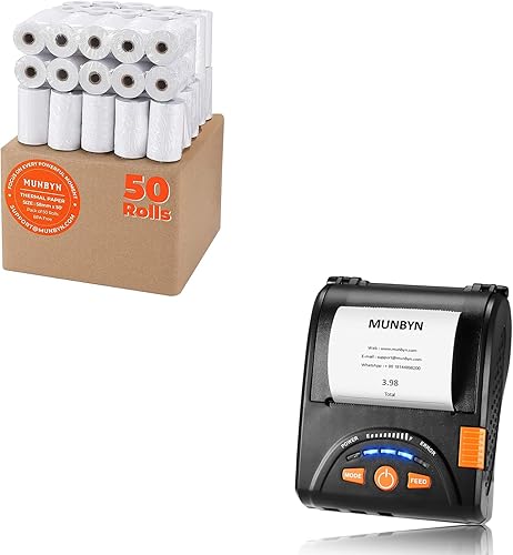 MUNBYN Mini impresora de recibos Bluetooth inalámbrica de 2.283 in y papel térmico de 2 14 pulgadas x 50 pies (50 rollos), papel de recibo de 2.283