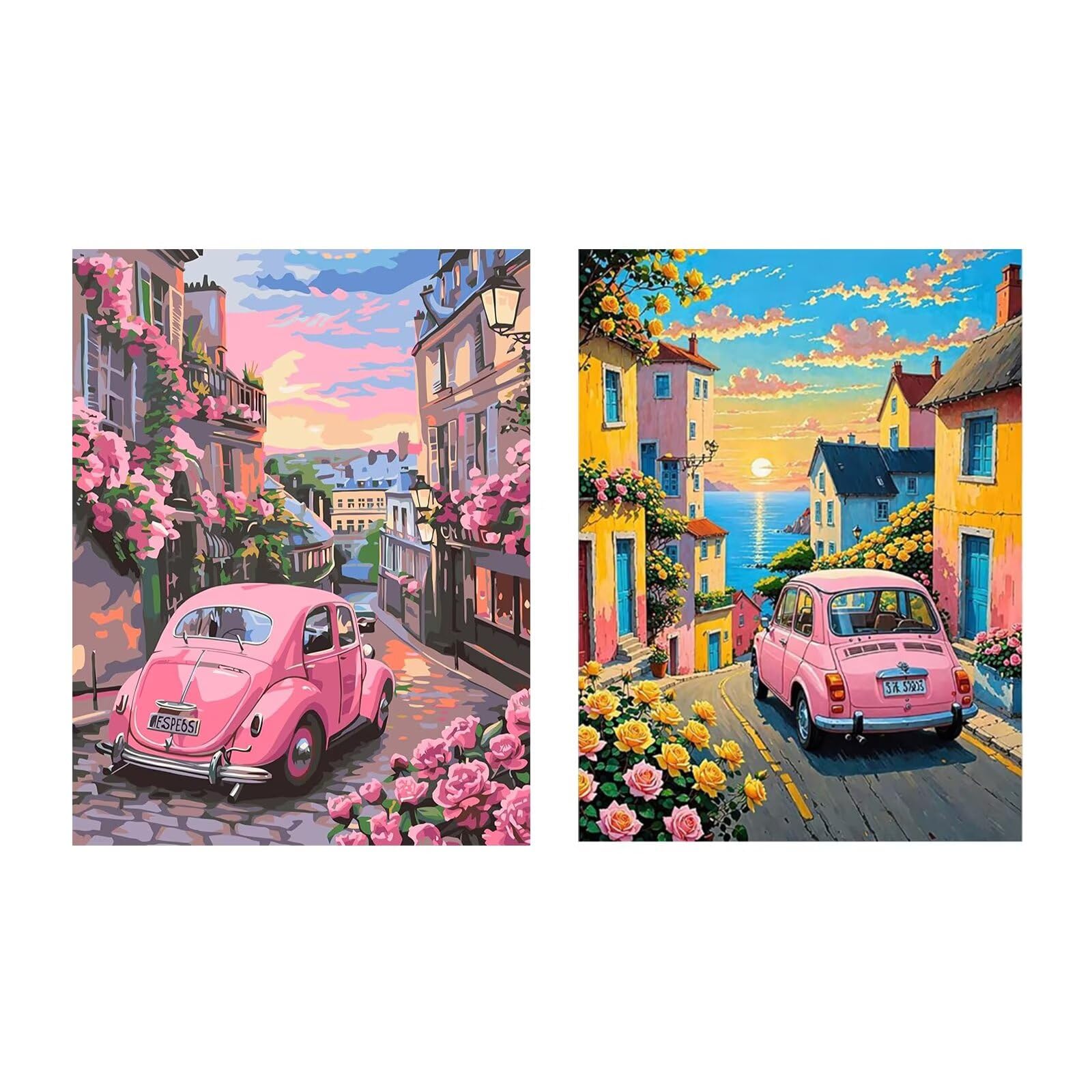 ViblyCoz 2 Pack 5D Diamond Painting Kits Full Drill DIY Pink Vintage Car Street and Coastal Town Diamond Art for Adults Kids Gem Art Craft for Home Wall Decor Gift