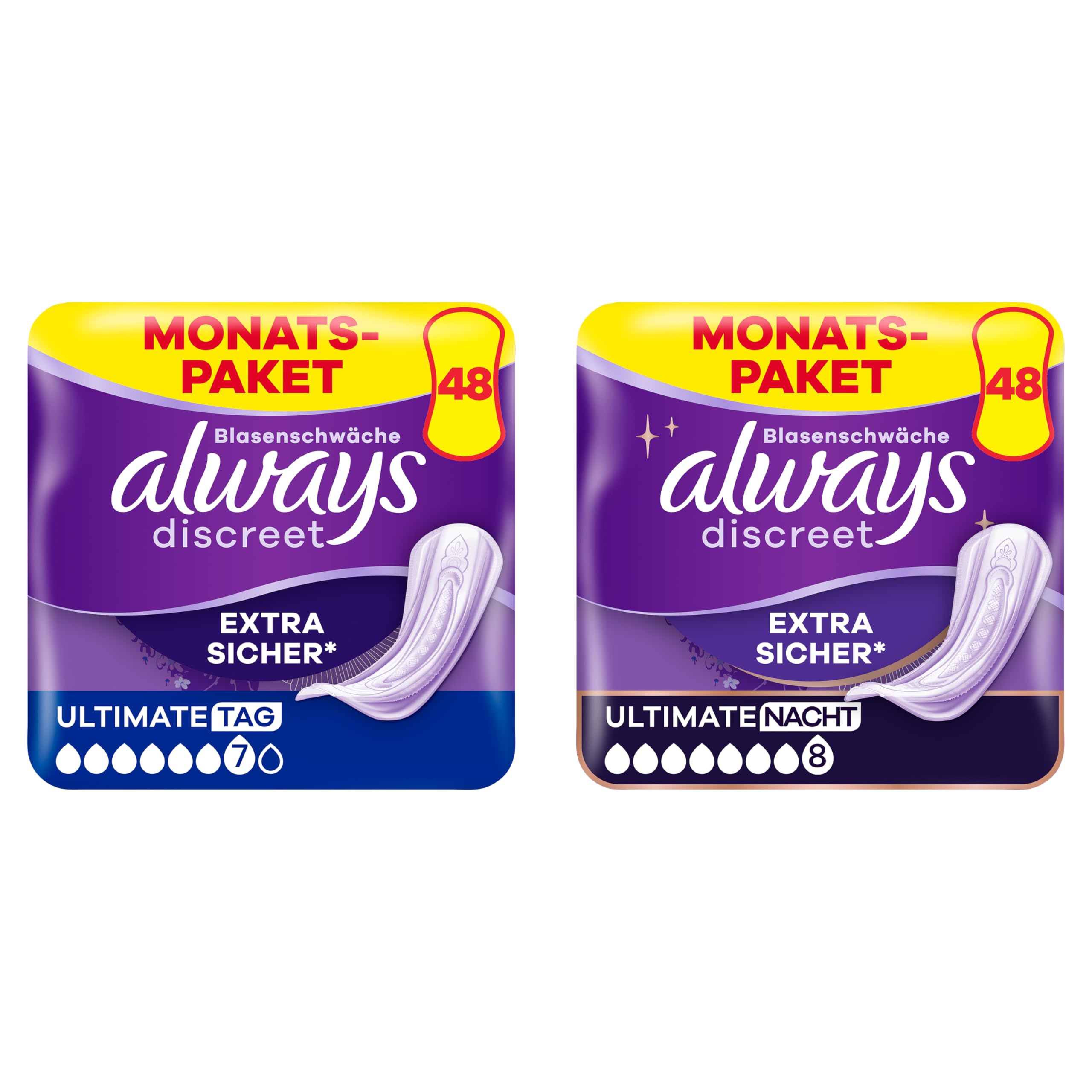 Always Discreet Inkontinenz-Einlagen Ultimate Nacht Monatspaket bei Blasenschwäche, 48 Einlagen (4 x 12 Stück) + Ultimate Tag Monatspaket bei Blasenschwäche, 48 Einlagen (4 x 12 Stück)