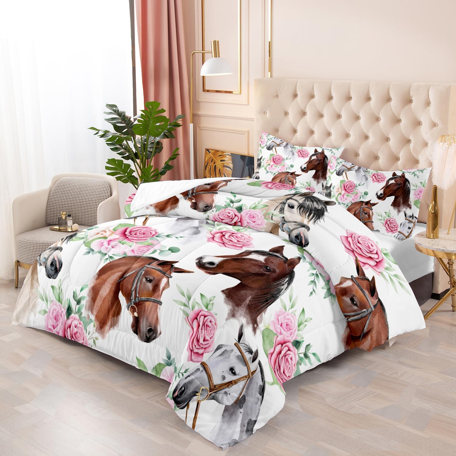 Horse and Flower Comforter Set for Girls Kids Horse and Floral 3 Piece Bedding Set Twin Floral Lightweight Comforter Down Alternative with 2 Pillowcases All Seasons - Image 4