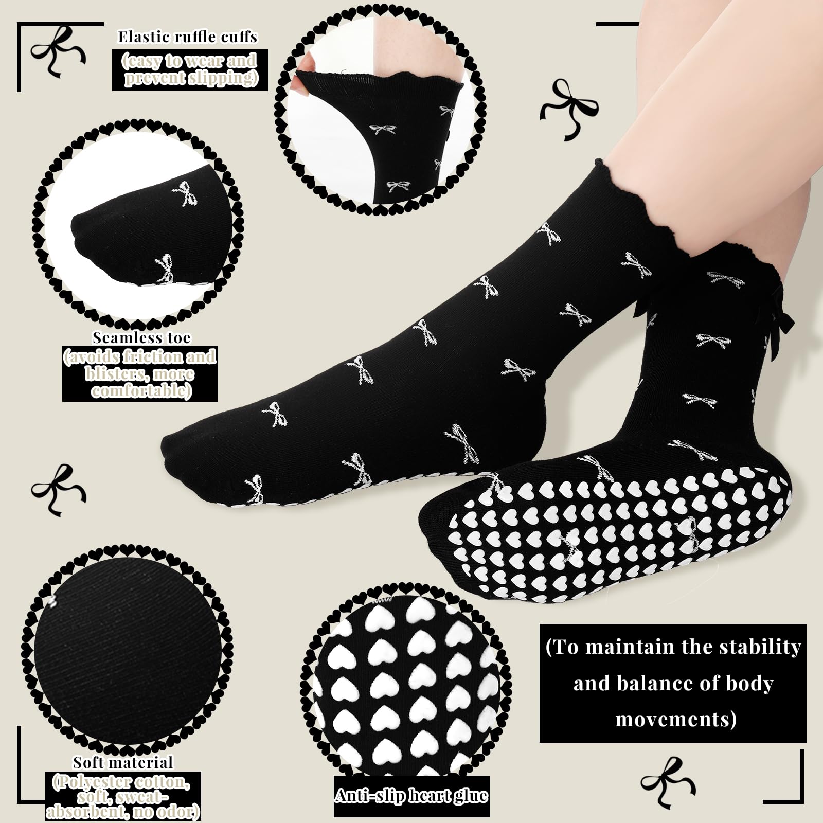 Coquette - Calcetines de pilates con lazo negro para mujer, transpirables, con volantes, puños con volantes, antideslizantes, calcetines atléticos, color blanco y negro, nailon satinado con